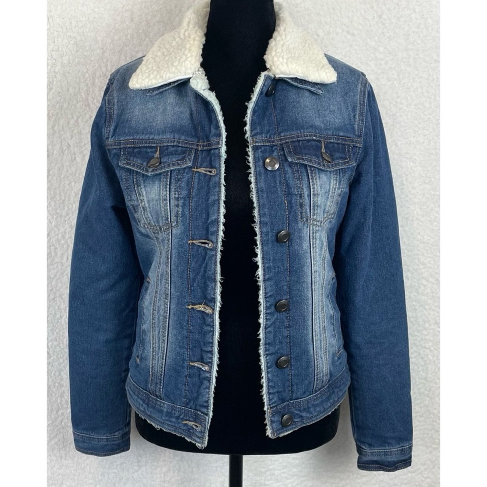 Boohoo BOOHOO • Blue/White Denim Sherpa-Lined Collared Jacket Size XS / US 0-2 / IT 36-38 - 1 Thumbnail