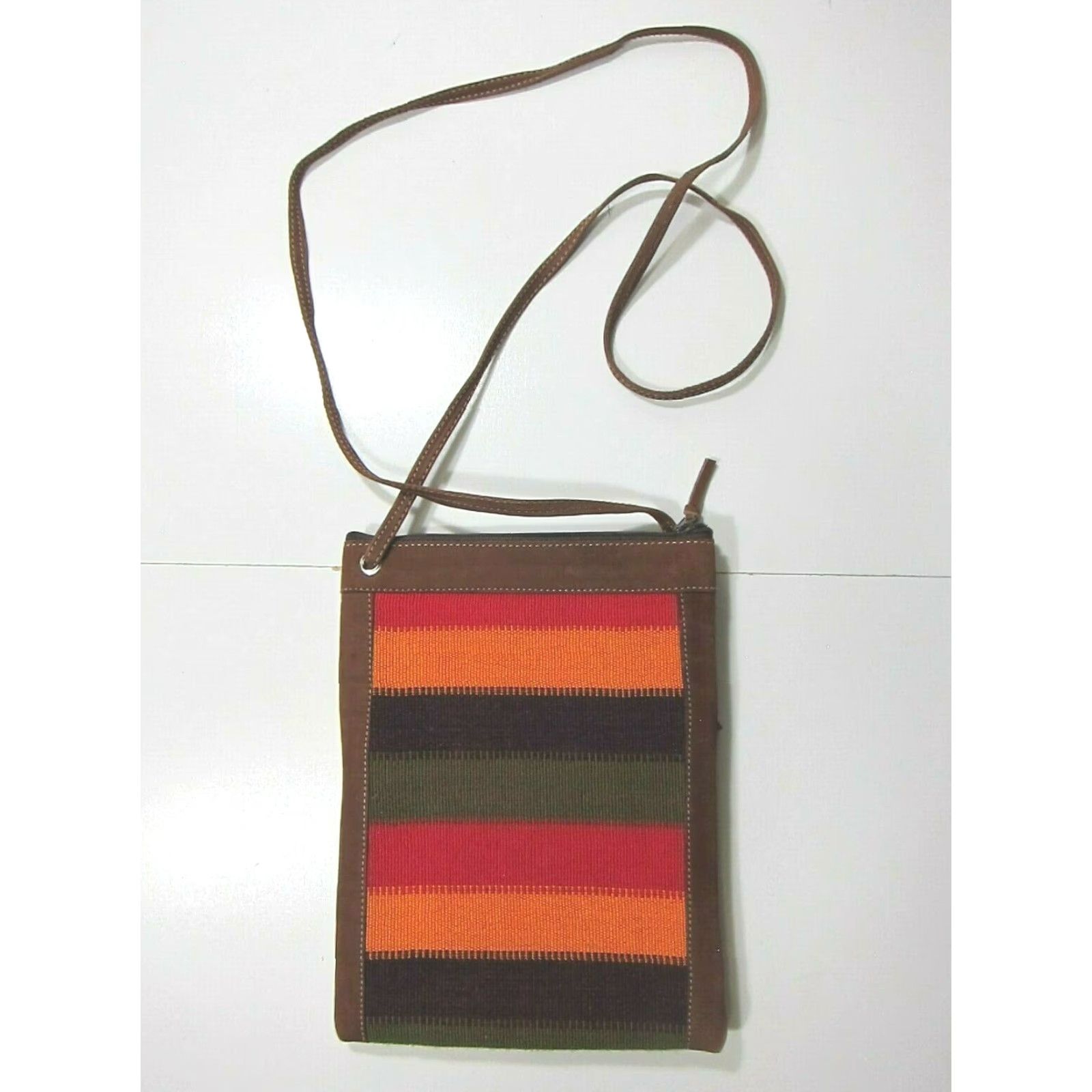 Vintage Guatemala Brown Leather Green Purple Orange Red Textile Crossbody Travel Purse - like new condition - 24" strap drop - 7" width - 9 2/8" depth Size ONE SIZE - 6 Thumbnail