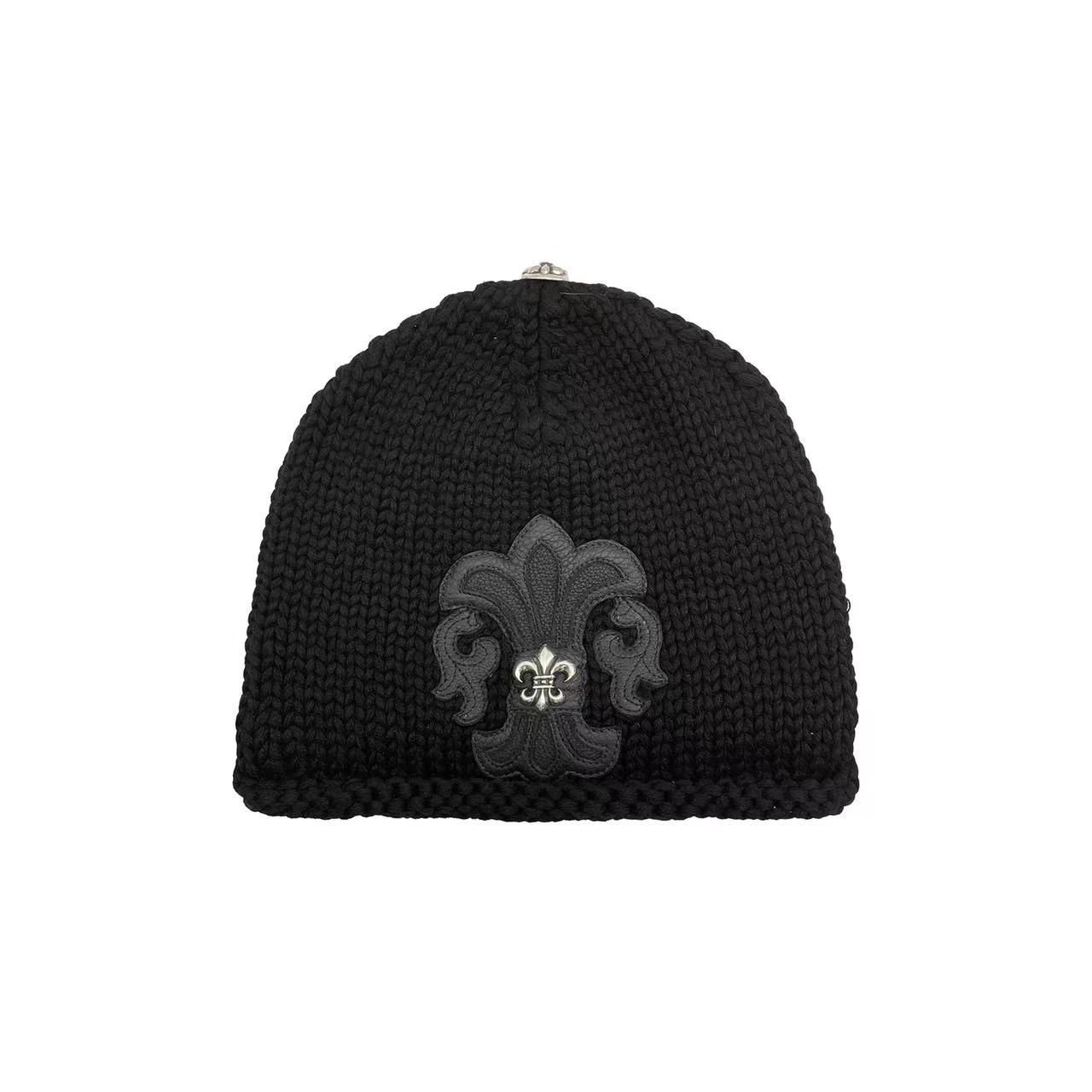 Chrome Hearts Cashmere Leather With Silver Fleur Beanie