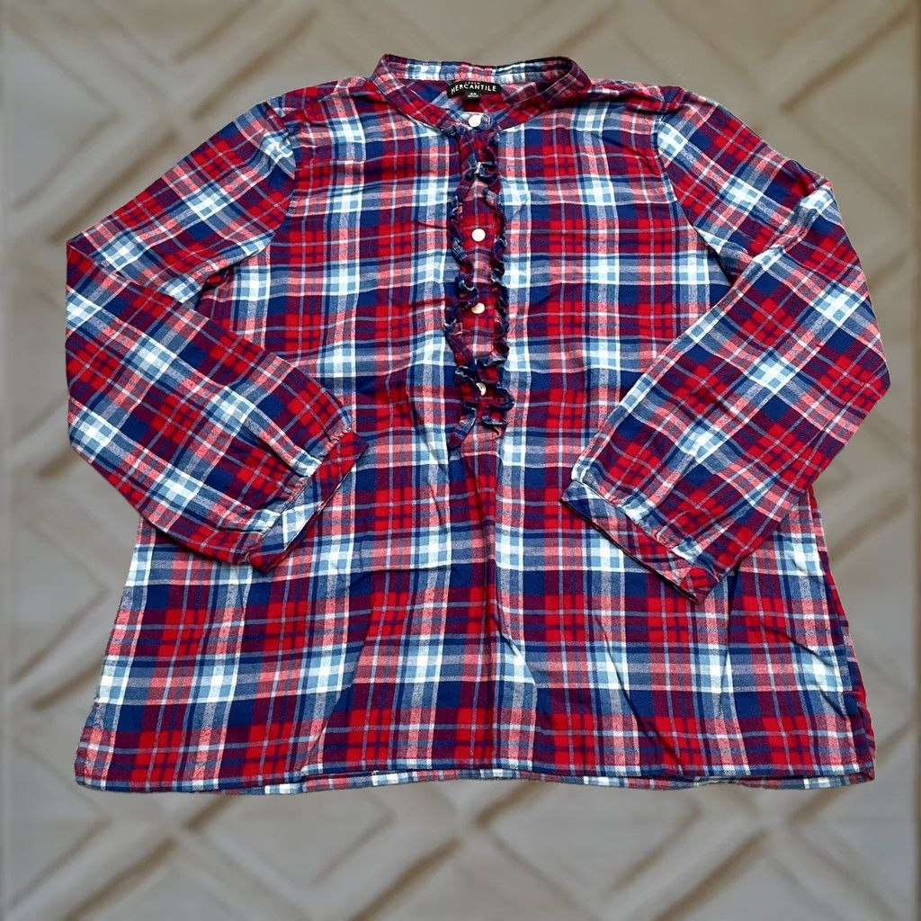 J.Crew J.CREW Button-Up Shirt Womens XS Gray Plaid Flannel Ruffle Half Button Up Shirts Womens XS Multi-Color Pattern Casual Top Size XS / US 0-2 / IT 36-38 - 1 Thumbnail
