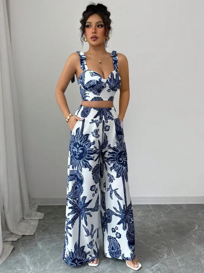 Other Sexy V-neck Strap Vest Loose Crop Top With Wide Leg Pants Size L / US 10 / IT 46 - 1 Thumbnail