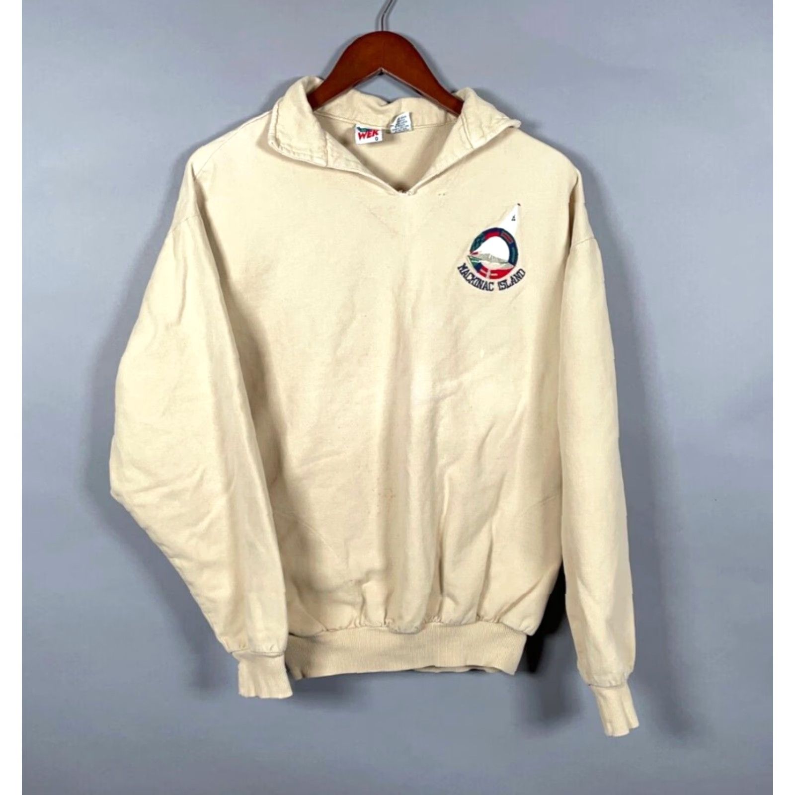 Vintage VTG WEK Sweatshirt Shirt Adult M Beige Embroidered Oversized 90s City Preppy Retro Collared Pockets - Pullover Mens Size US M / EU 48-50 / 2 - 2 Thumbnail