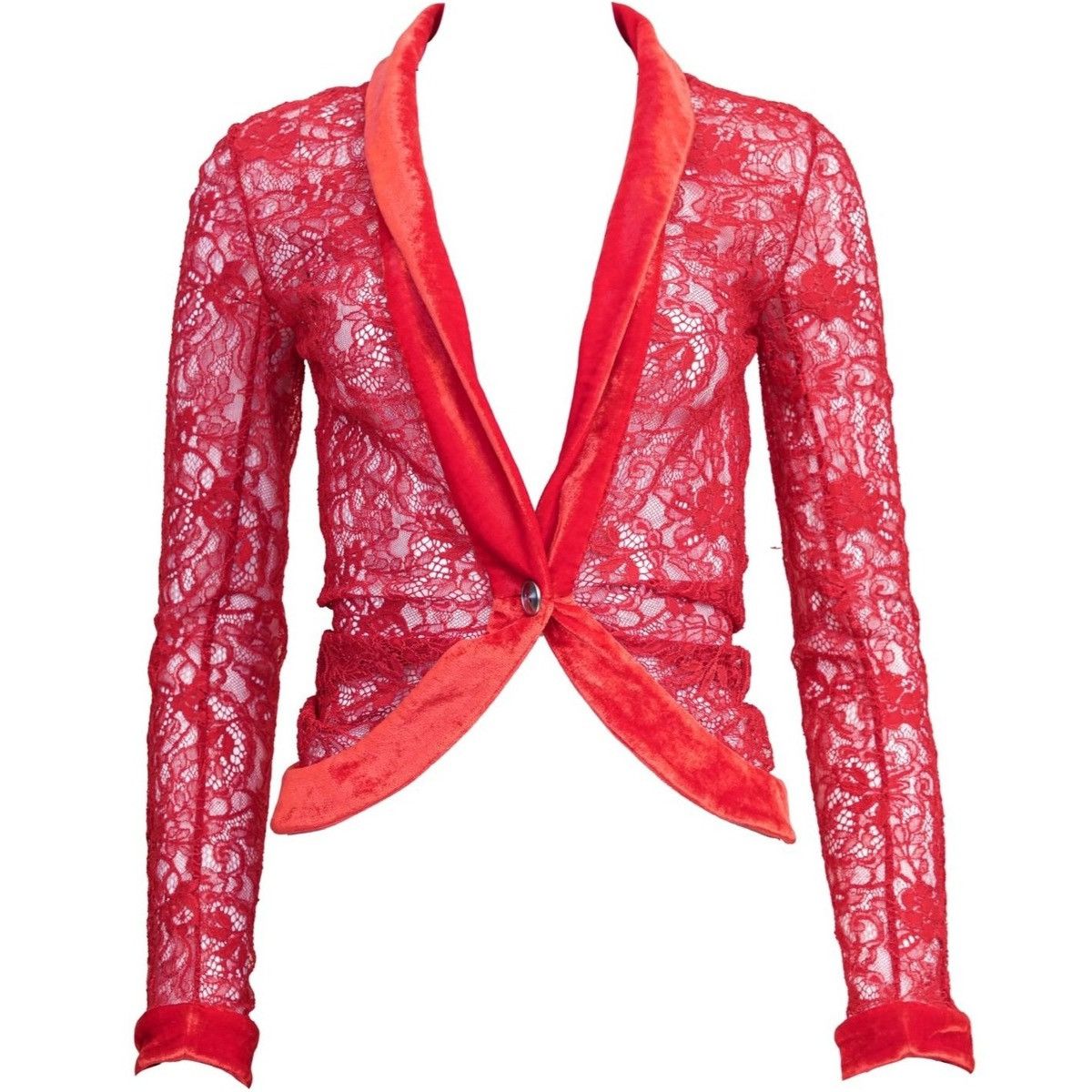 Dior Christian Dior F/W 2003 Red Lace Jacket Top with Velvet Trim Size S / US 4 / IT 40 - 1 Thumbnail