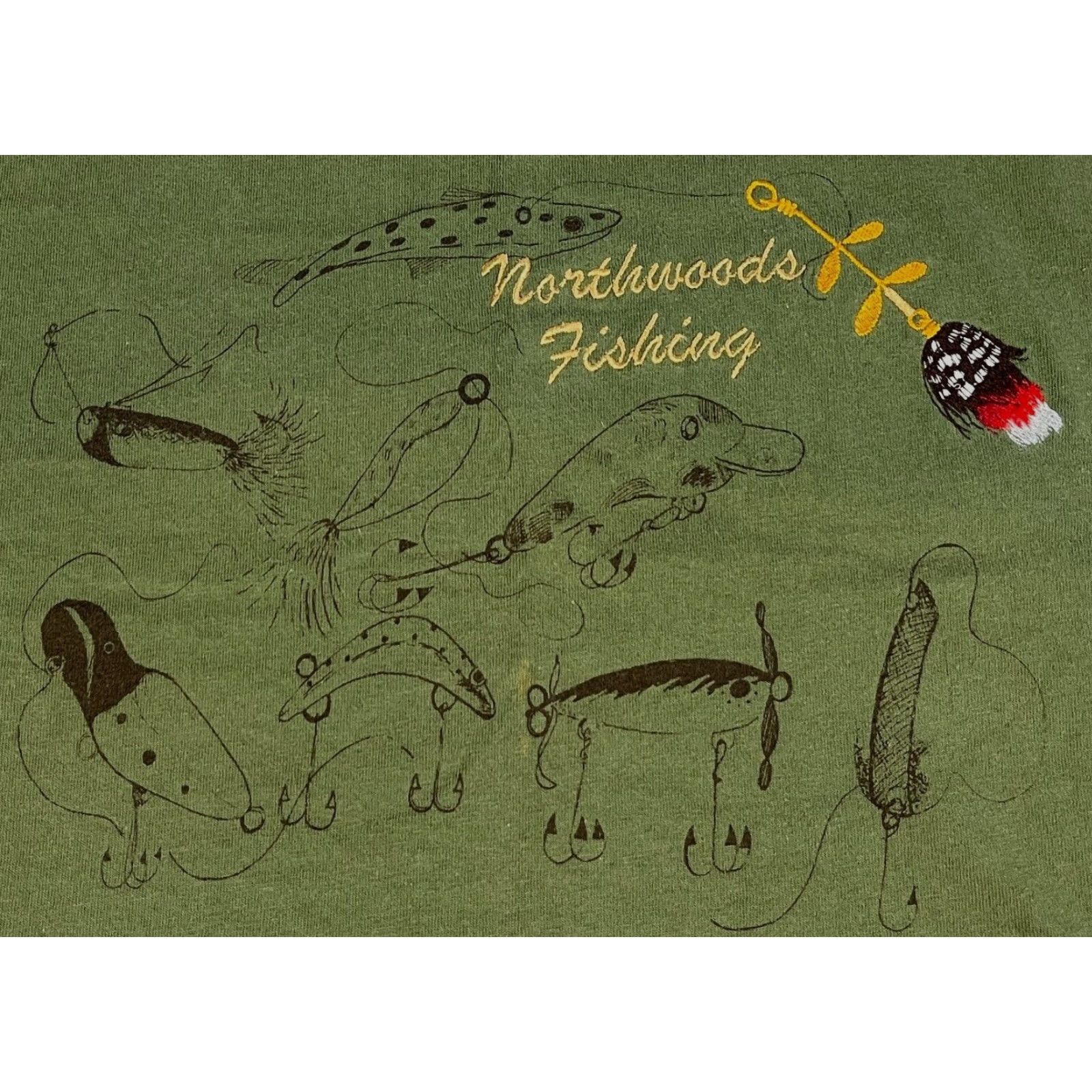 Lee VINTAGE Lee Men's Northwoods Fishing T-Shirt Embroidered Made in USA Sz L Green 90s 1990s Summer Fishing Mens Shirt Size US L / EU 52-54 / 3 - 3 Thumbnail