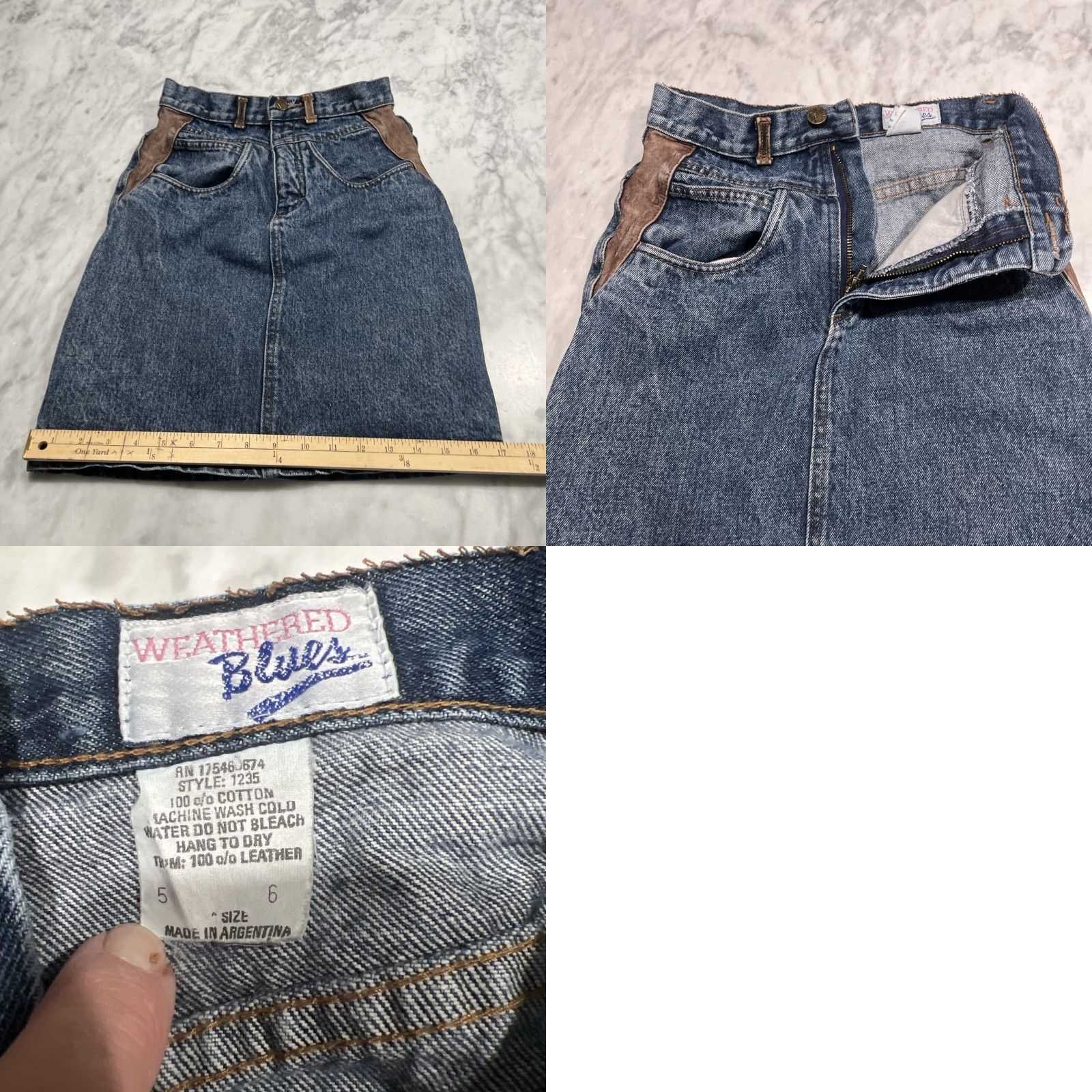 Vintage VINTAGE Weathered Blues Denim Western Skirt Size 6 Leather Accents Bare Back A-Line Women Short Cowboy" Size 28" / US 6 / IT 42 - 8 Thumbnail