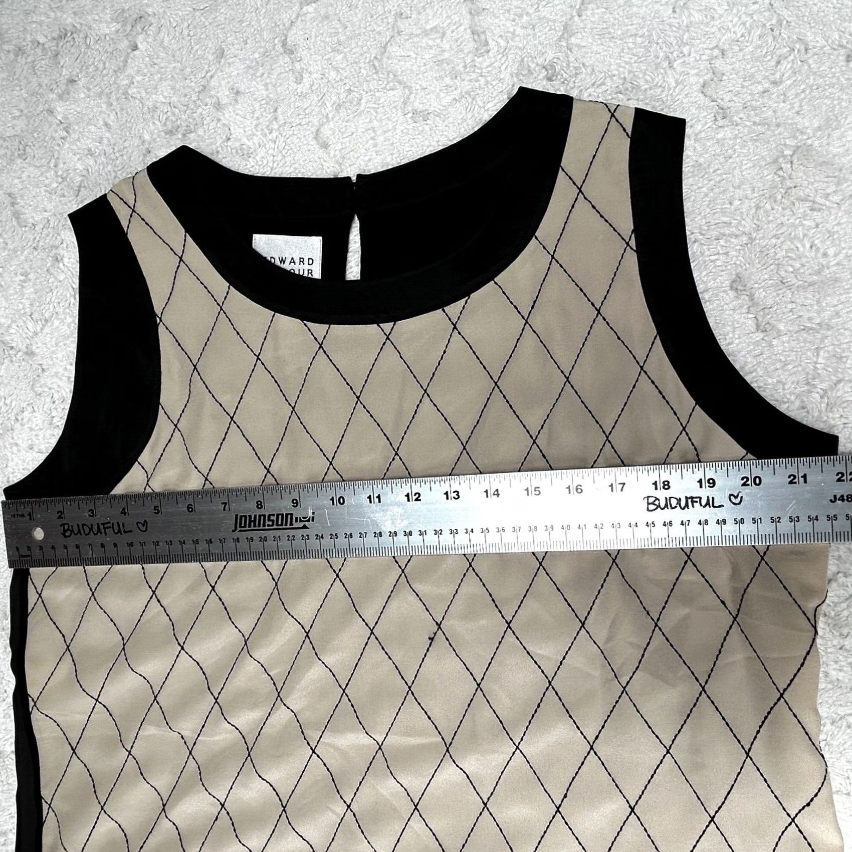 Vintage Edward Achour Paris Womens Sleeveless Silk Top Size 46 Cream/Black Diamond Print Size L / US 10 / IT 46 - 7 Thumbnail