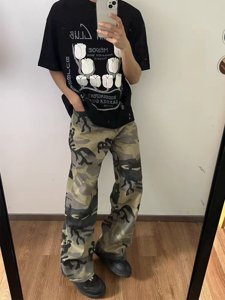 Straight leg camouflage washed vintage casual jeans