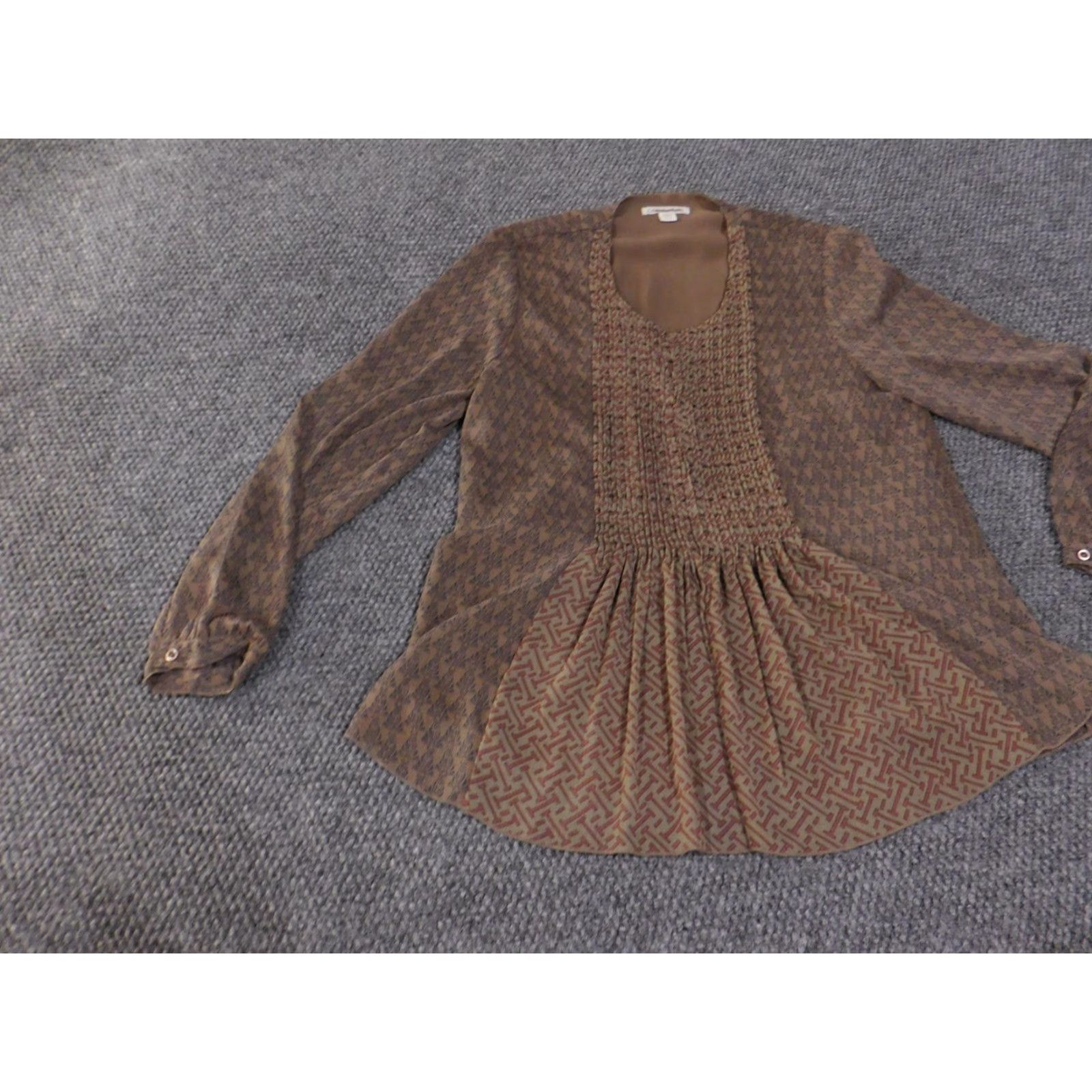 Coldwater Creek Coldwater Creek Blouse Womens Small 6 8 Brown Sheer Long Sleeve Patterned Top Geometric Size S / US 4 / IT 40 - 4 Thumbnail