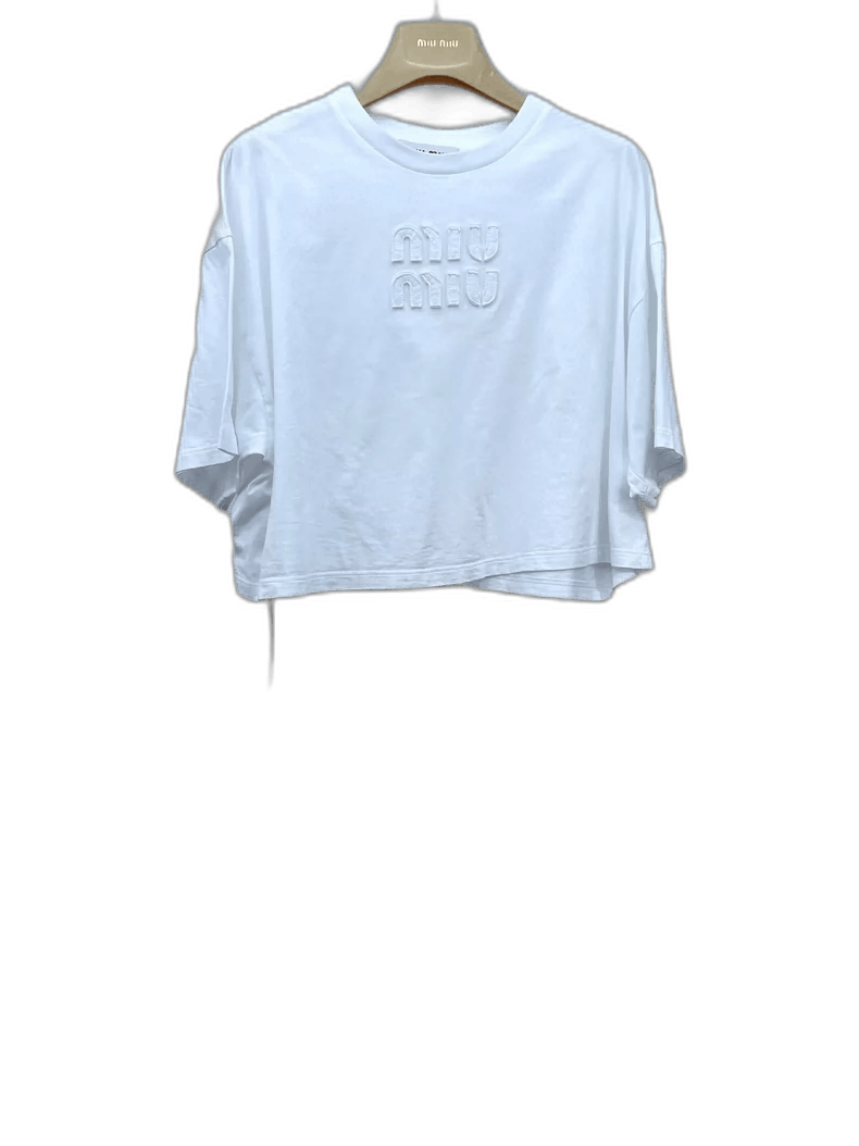 Prada Miu Miu White Logo Short Sleeve Crop Top Size XS / US 0-2 / IT 36-38 - 1 Thumbnail