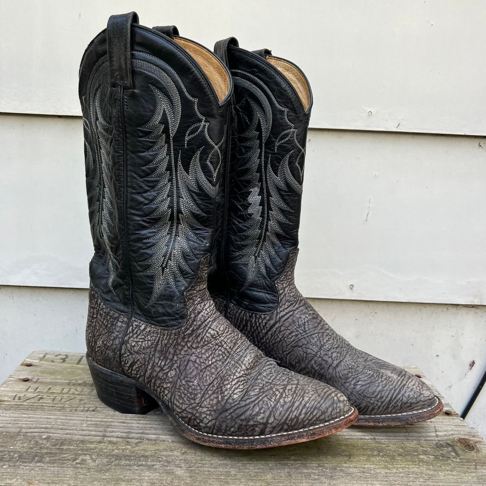 image of Tony Lama Gray Textured Leather Almond Toe Cowboy Boots in Grey, Men's (Size 8.5)