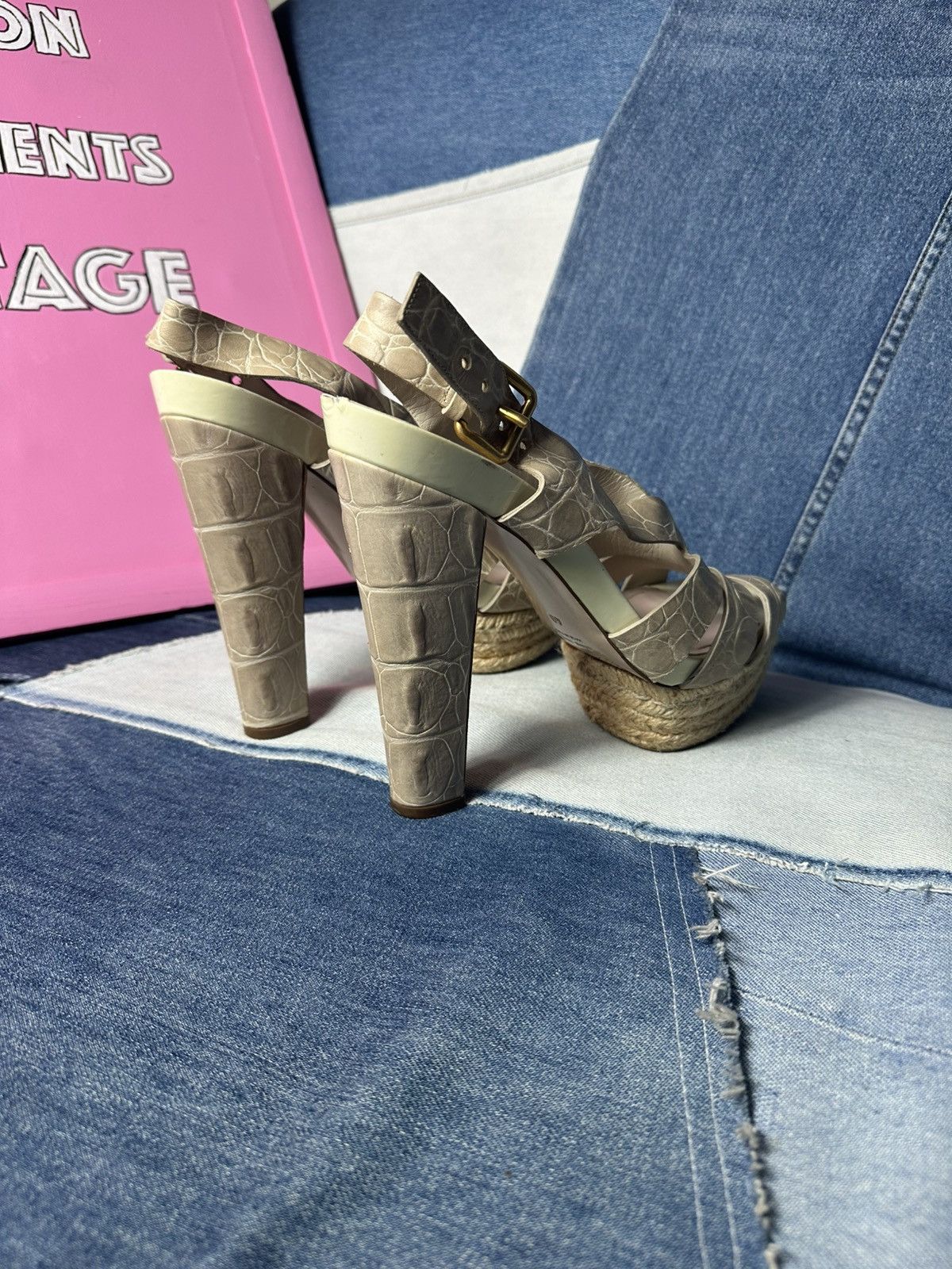 Miu Miu Miu Miu Sandals Open Toe Heels Strappy Platform Beige Size US 8 / IT 38 - 3 Thumbnail