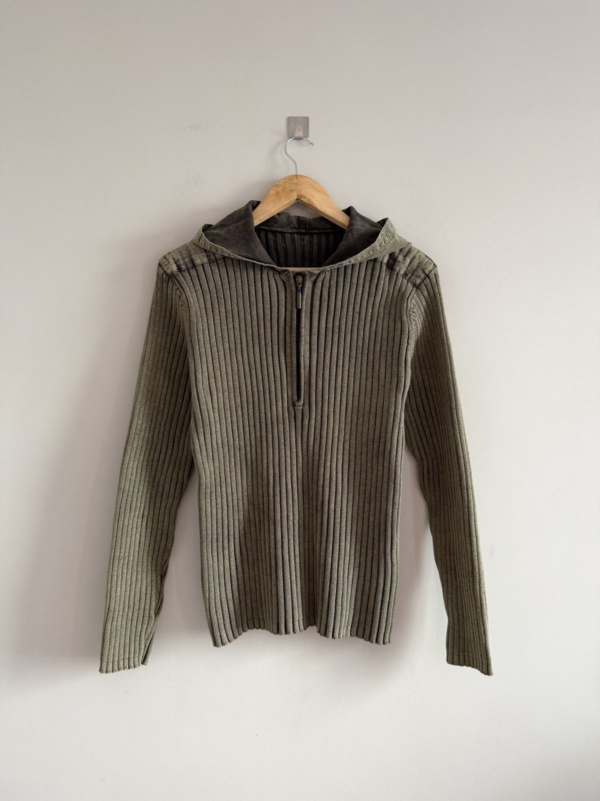 Japanese Brand Khaki Ribbed Hooded Sweater Half-Zip Size US M / EU 48-50 / 2 - 1 Thumbnail