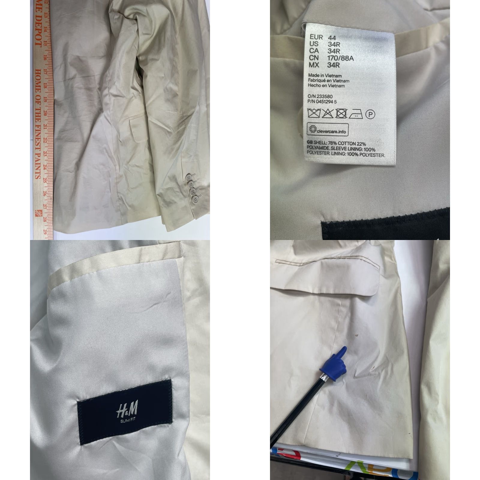 Vintage Blazer Mens Slim Beig e Lightweight H&M 34Regular Cotton Polyester Button Solid Ivory Size 36R - 10 Thumbnail