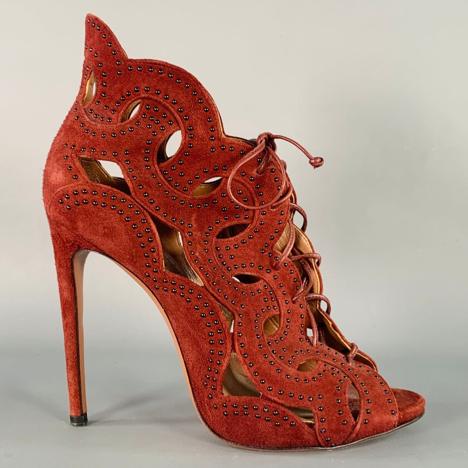 Alaia ALAIA Size 9.5 Burgundy Suede Studded Cutout Lace-Up Sandals Size US 9.5 / IT 39.5 - 2 Thumbnail