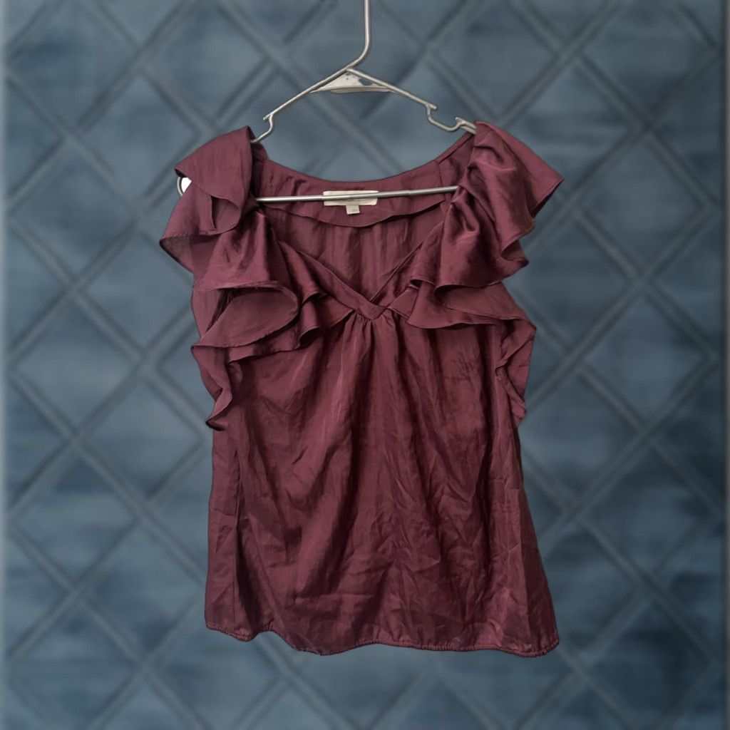 Loft LOFT Blouse Shirt Women Maroon Satin Sleeveless V Neck Flutter Sleeve Relaxed Fit Large Size Size L / US 10 / IT 46 - 1 Thumbnail