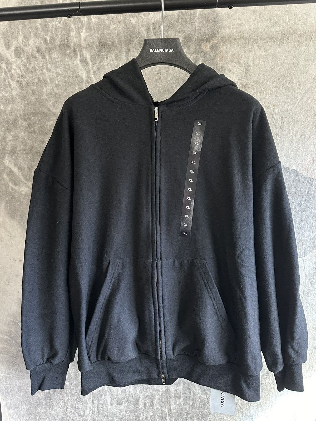 image of Balenciaga Size Sticker Tag Shrunk Fit Hoodie Large in Black, Men's