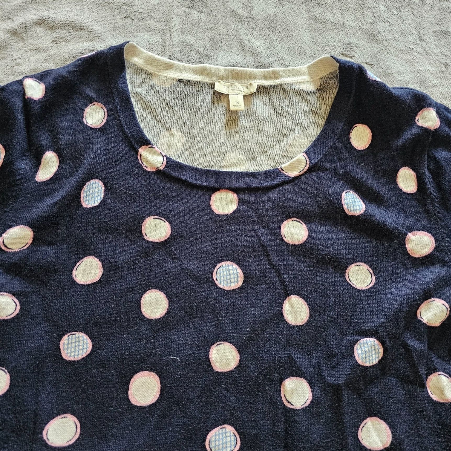 Talbots Talbots Blouse Womens 1X Blue Polka Dot Round Neck Long Sleeve Casual Career Knit 100% Cotton Ruffle Classic Size XL / US 12-14 / IT 48-50 - 2 Thumbnail