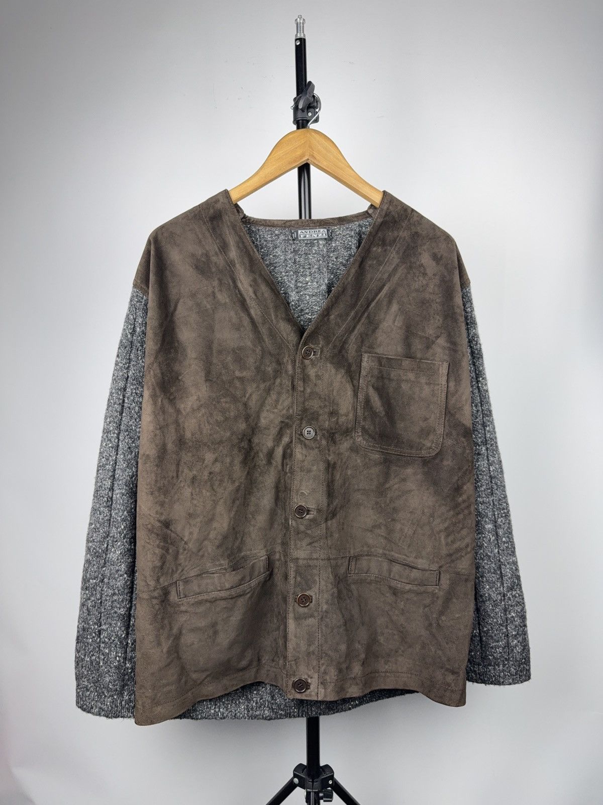 Japanese Brand Luxury 00s Andrea Fenzi Wool Suede Panel Cardigan Italy Size US XL / EU 56 / 4 - 1 Thumbnail