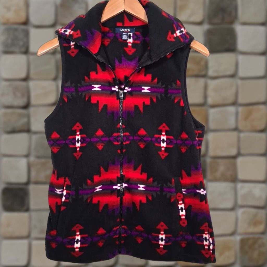 Chaps Chaps Vest Women Small Fleece Zip High Neck Black Red Southwestern Aztec Geometric Casual Travel Gorpcore Size S / US 4 / IT 40 - 1 Thumbnail