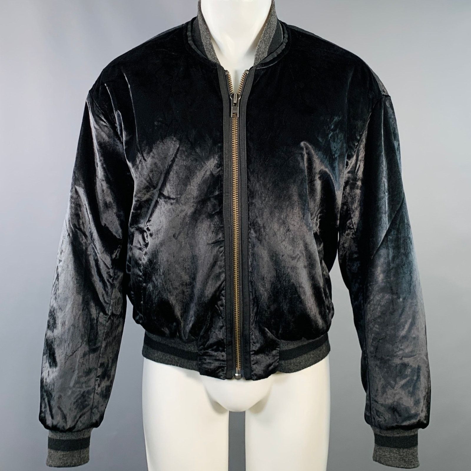 Size M Black Velvet Viscose Blend Zip Up Bomber Jacket