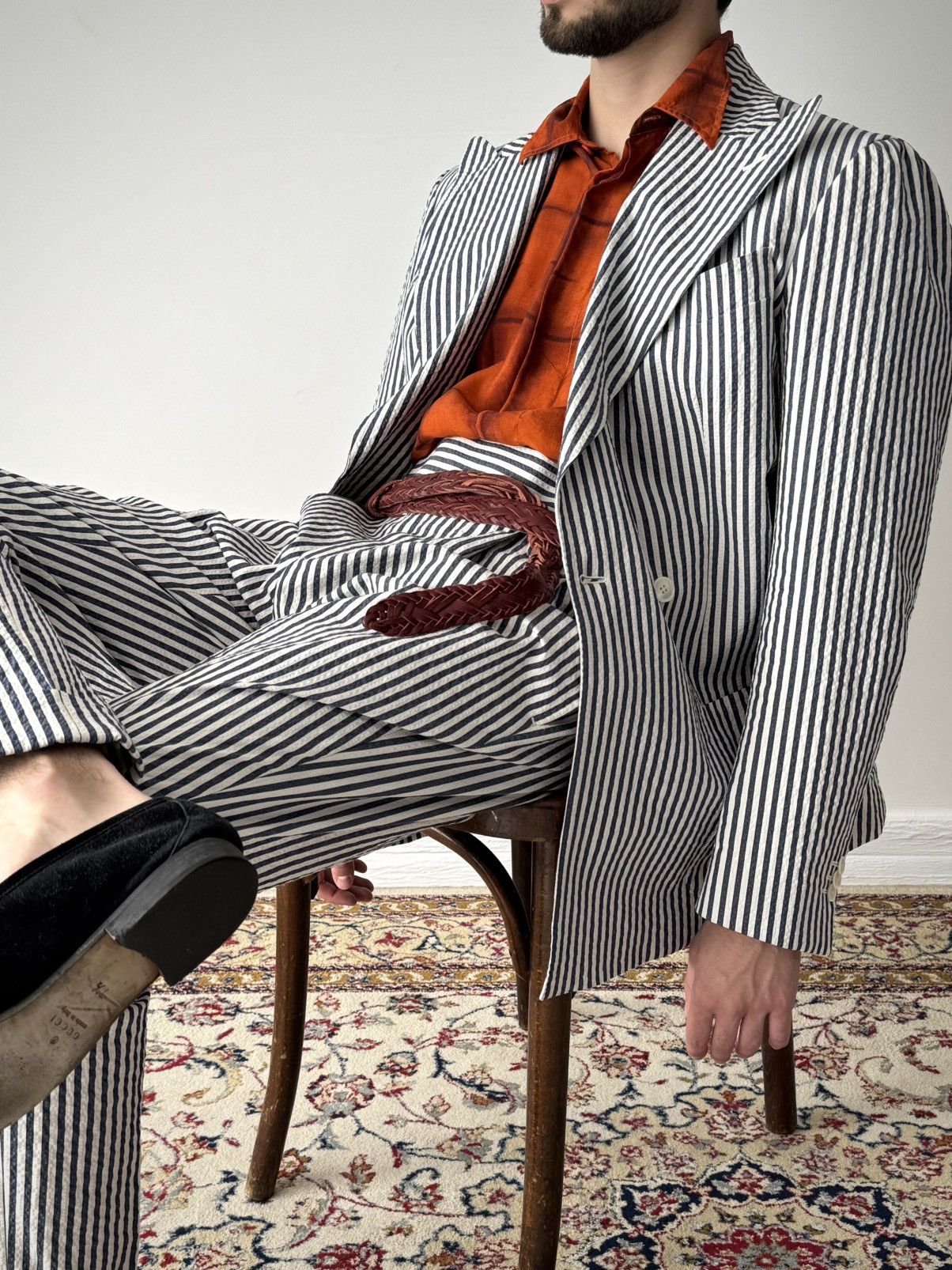 Designer Amarcord Bespoke Double Breasted Cotton Striped Suit Size 42R - 3 Thumbnail