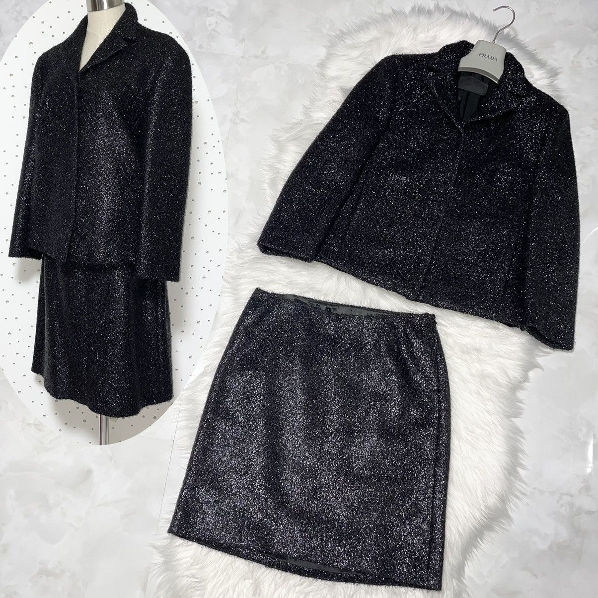 image of Prada Lamé Skirt Suit Tailored Jacket Skirt Setup 44 Black, Women's (Size Medium)
