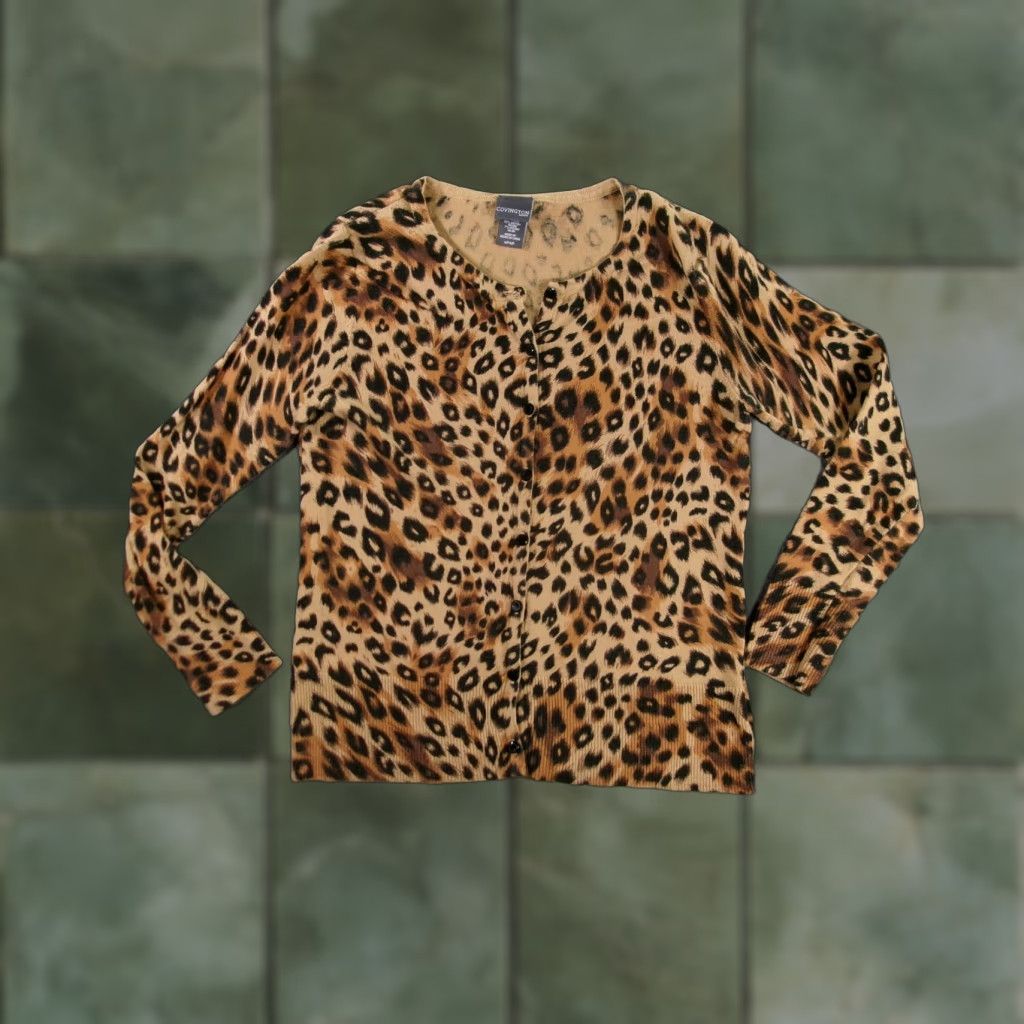 Vintage Covington Petites Cardigan Womens Medium Brown Leopard Print Button Sweater Size M / US 6-8 / IT 42-44 - 1 Thumbnail