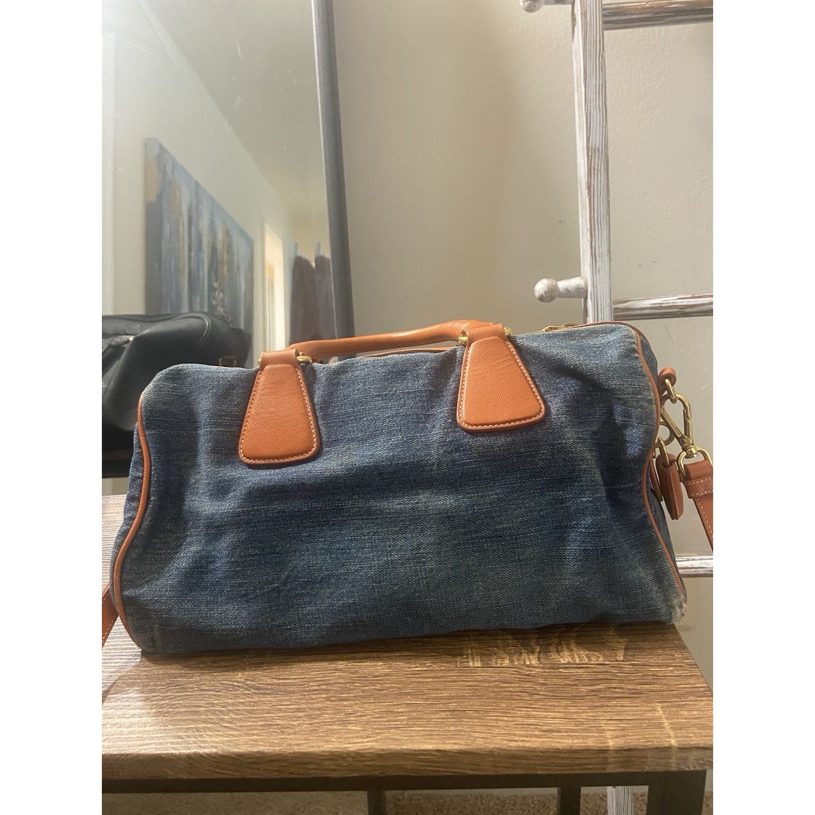 Prada Prada Bauletto blue denim orange saffiano 2way handbag, good Size ONE SIZE - 6 Thumbnail