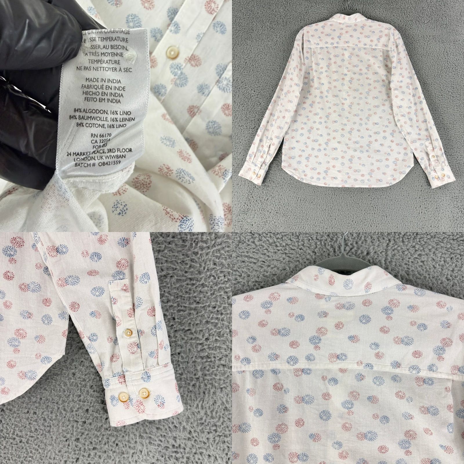 Vintage Koto Button-Down Shirt Mens White Geometric Print Linen Cotton Button Up Long Sleeve Casual Travel Summer Spring Fall Winter 42 in Chest M Size US M / EU 48-50 / 2 - 9 Thumbnail