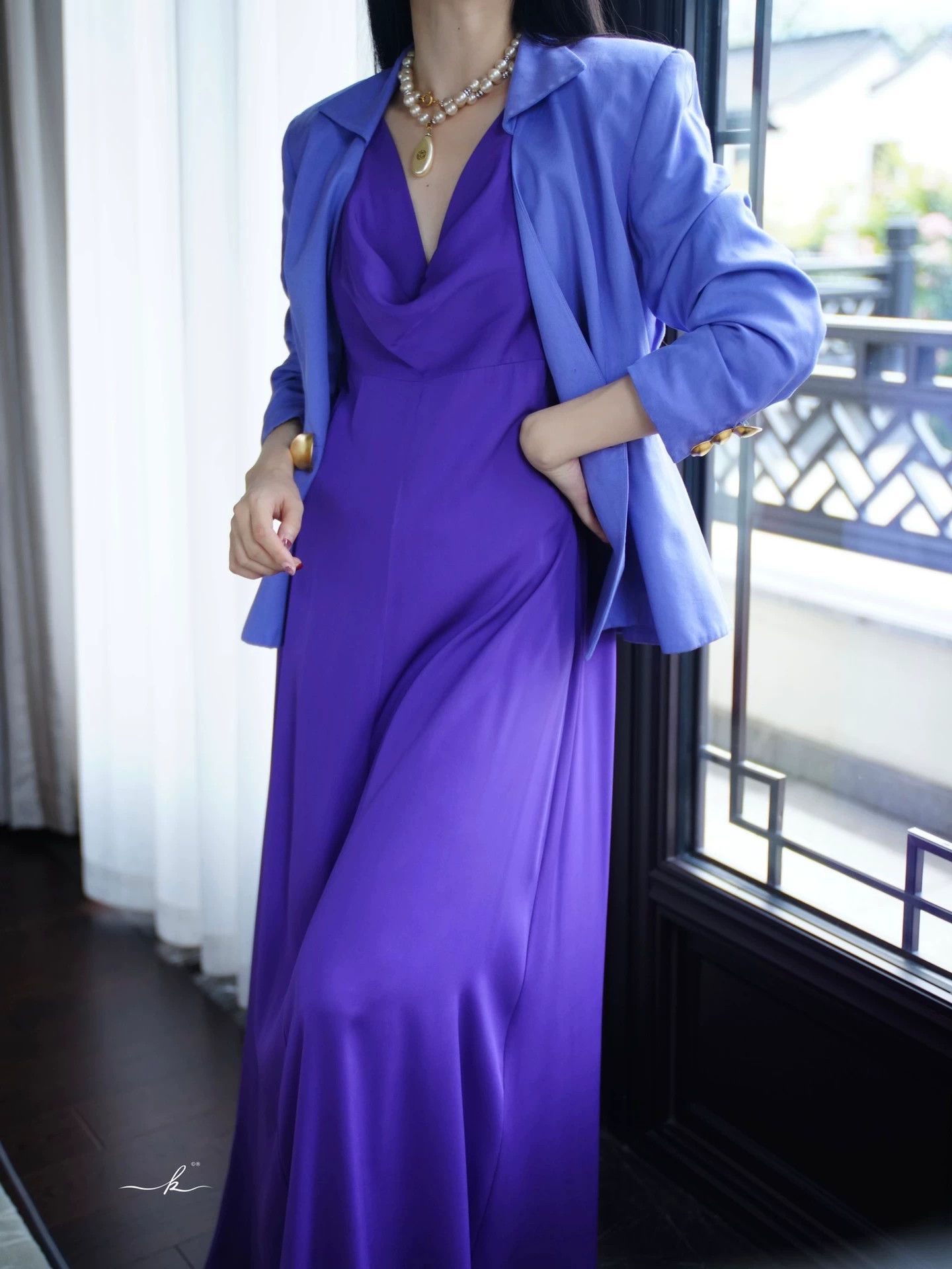 Armani Armani Vintage Purple Draped Neck Bias-Cut Maxi Dress M/L Size L / US 10 / IT 46 - 9 Thumbnail