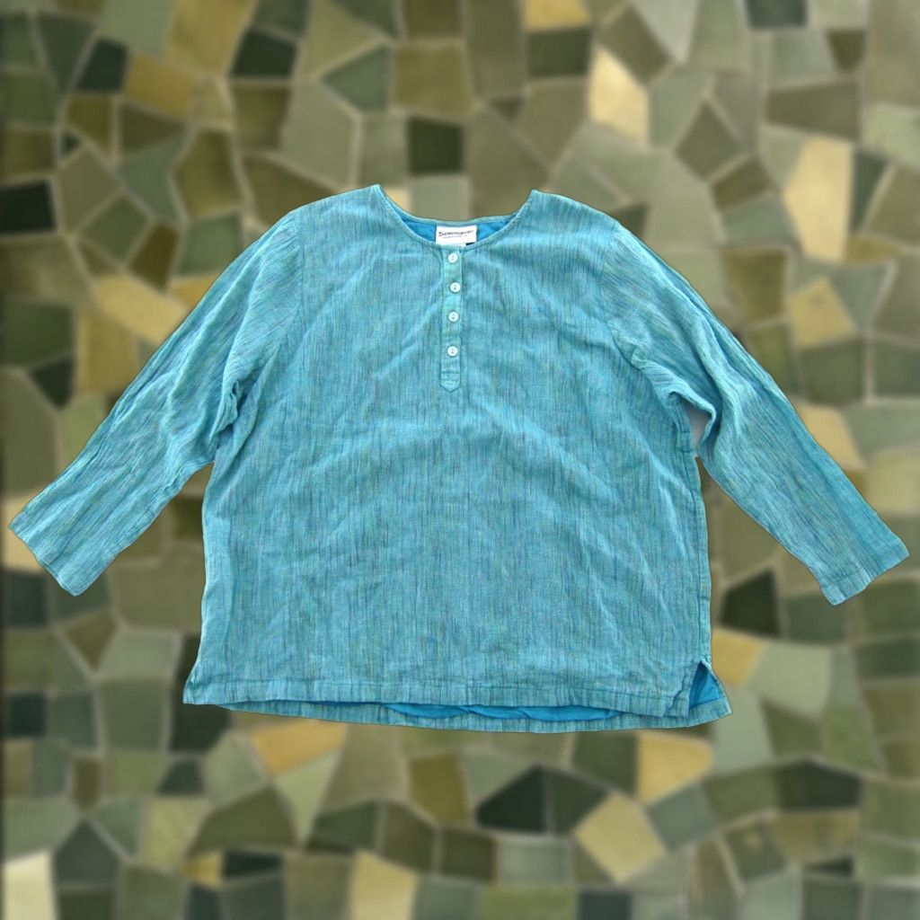 Vintage Serengeti 100% Cotton Teal Blue Pink Yellow Speck Long Sleeve Tunic Blouse 1X Size XL / US 12-14 / IT 48-50 - 1 Thumbnail