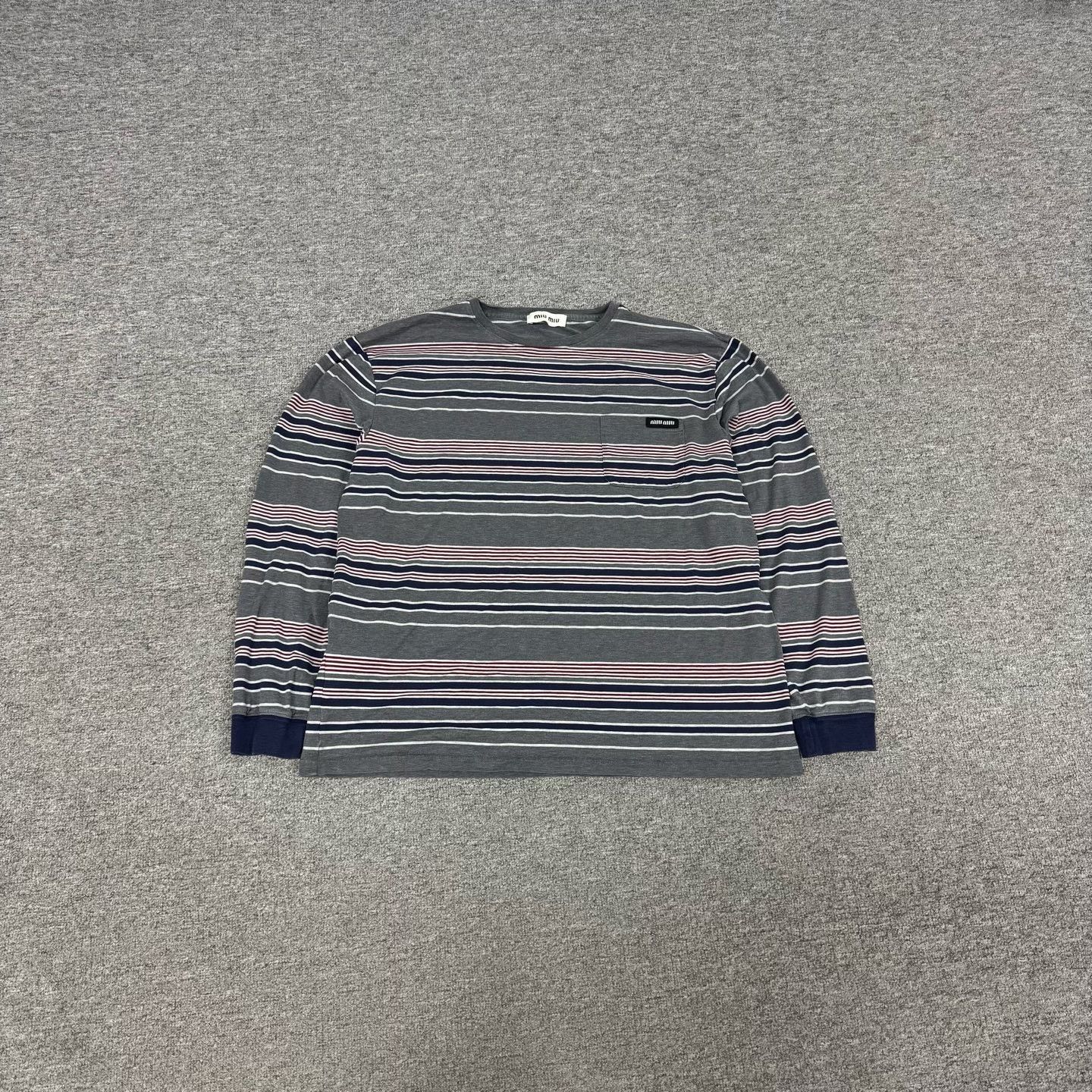 Miu Miu Miu Miu Gray-Blue Striped Pocket Long-Sleeve T-Shirt Size S / US 4 / IT 40 - 1 Thumbnail
