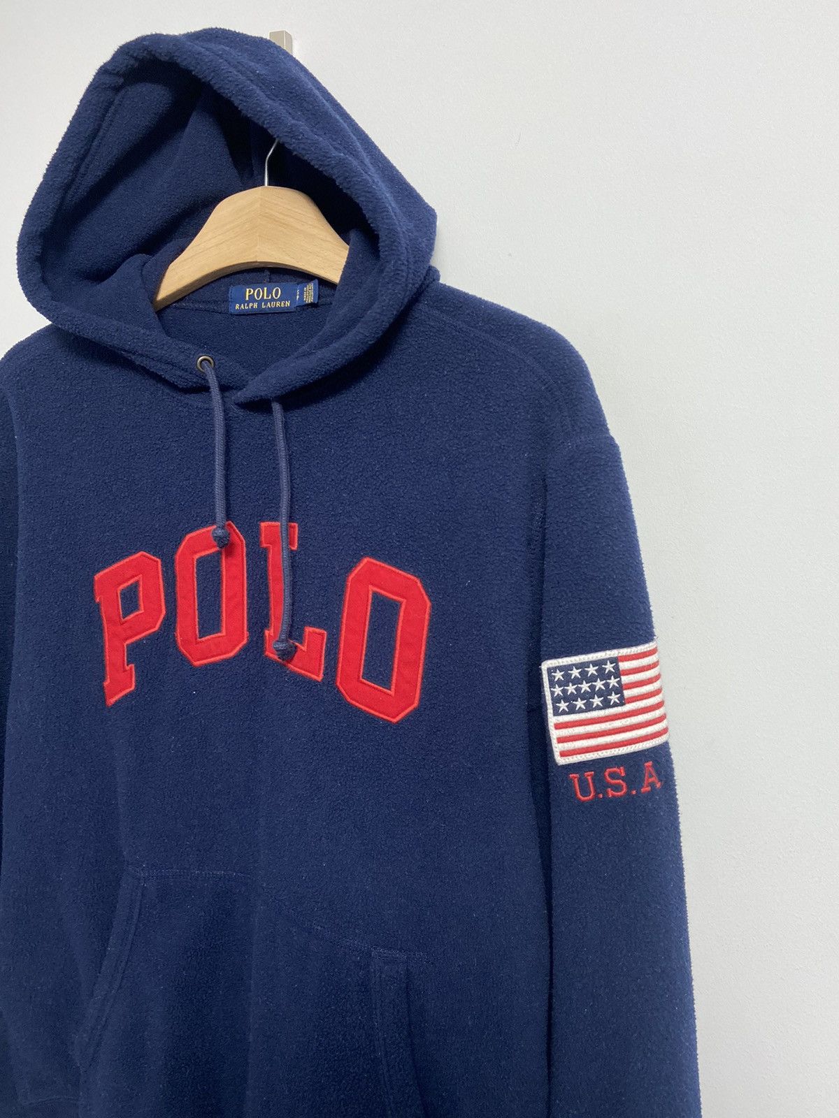 Vintage Polo Ralph Lauren Pullover Fleece Hoodie USA Flag Patch Size US S / EU 44-46 / 1 - 6 Thumbnail