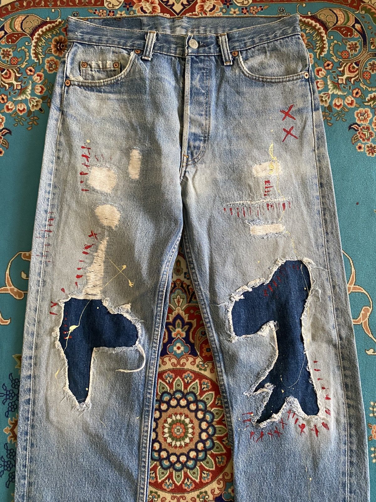 Levi's Vintage Levi’s 501xx Distressed Patchwork Splatter Denim Size US 29 - 4 Thumbnail