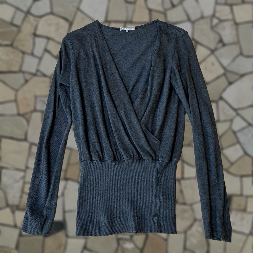 James Perse VINTAGE James Perse Crossover Sweater Deep V-Neckline Long Sleeve Womens 2 Gray Knit Pullover Regular Womens Size XS / US 0-2 / IT 36-38 - 1 Thumbnail