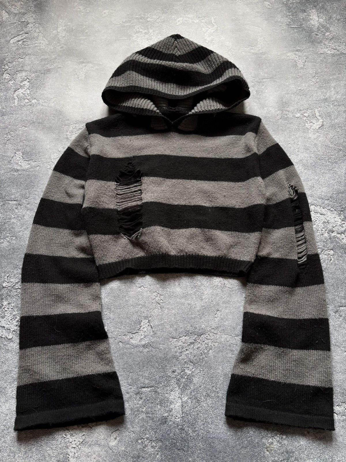 Hysteric Glamour Y2K Striped Distressed Cropped Grunge Knit Sweater Hoodie Size M / US 6-8 / IT 42-44 - 2 Thumbnail