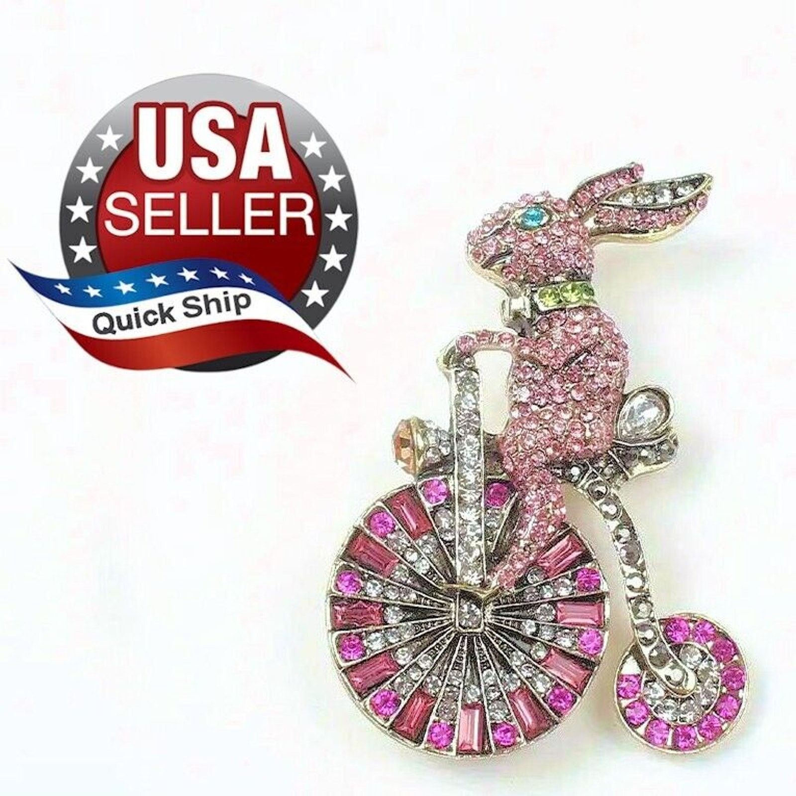 Other Rabbit Big Wheel Bike Brooch •Pink Rhinestones •Easter Bunny Size ONE SIZE - 1 Thumbnail