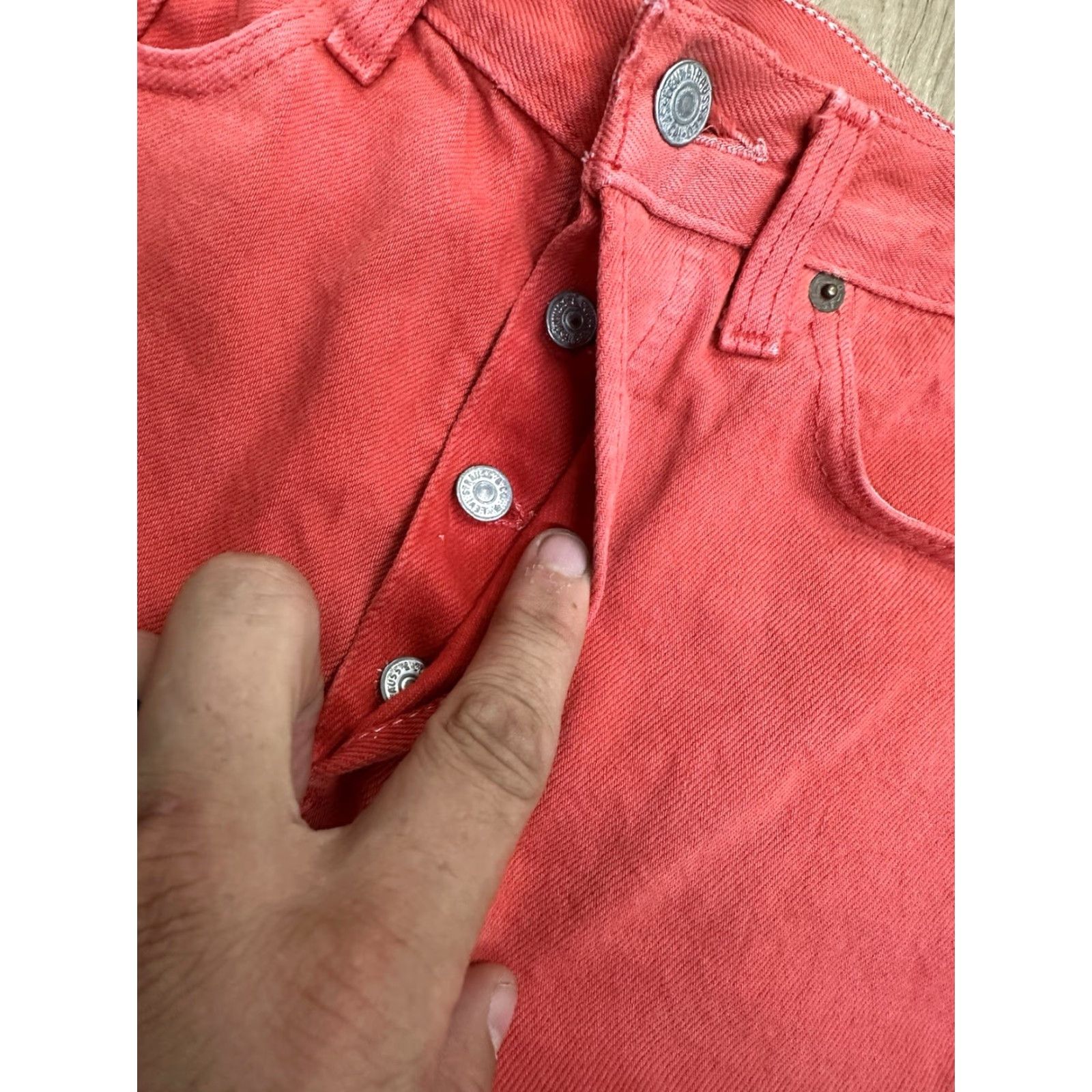VINTAGE Levi's 501 Jeans Denim Red/Pink Button Fly Size 28 x 31 Mens USA Distressed Length 31in Straight Fit 14in Front Across Waist 10.5in Rise