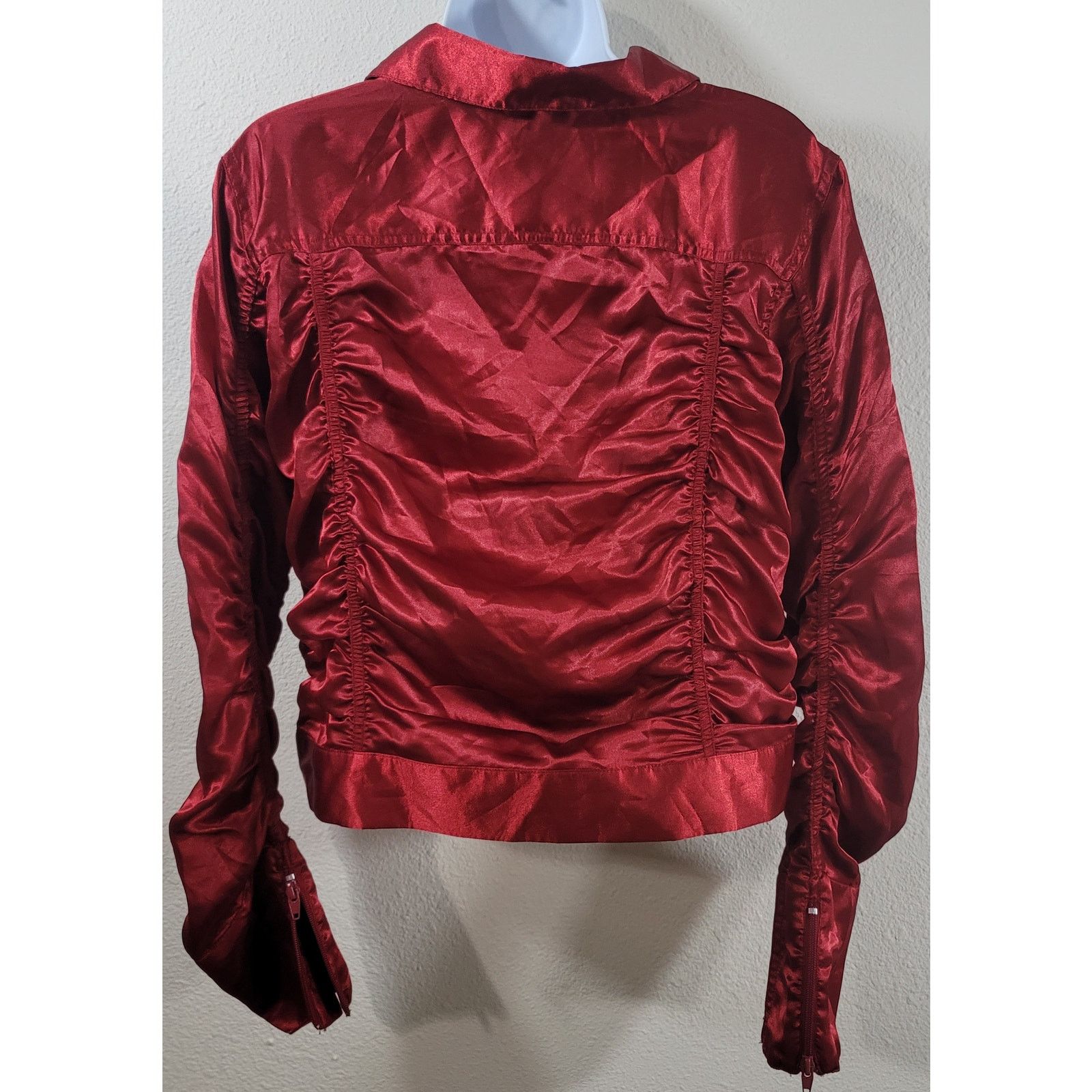 Other Overdrive Red Satin Ruched Full Zip Collard Jacket Large Size L / US 10 / IT 46 - 2 Thumbnail