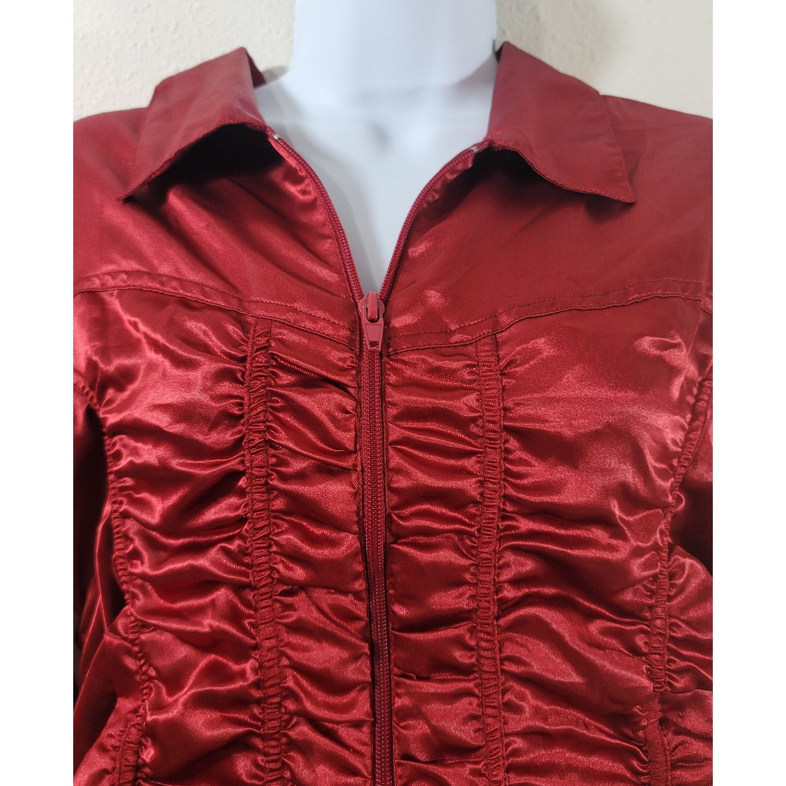 Other Overdrive Red Satin Ruched Full Zip Collard Jacket Large Size L / US 10 / IT 46 - 5 Thumbnail