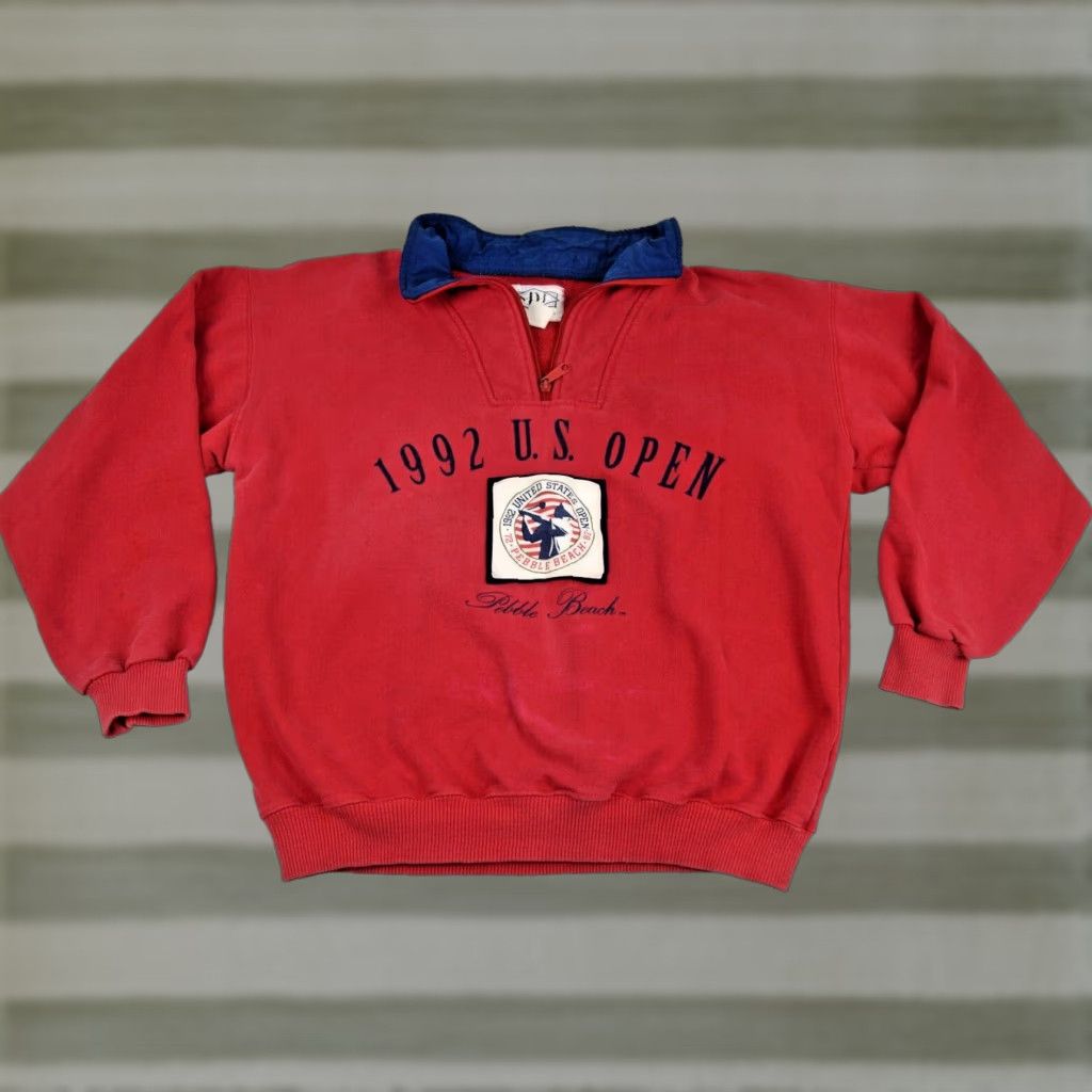 VINTAGE SDI Sweatshirt US Open Pebble Beach 1992 90s Red Blue Trim Cotton M/L 42