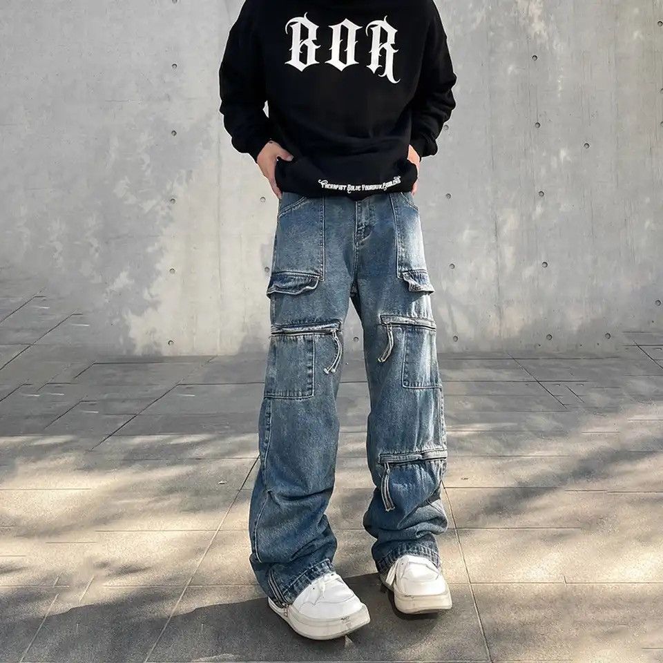 image of Distressed Denim x Vintage Cargo Big Pocket Jeans in Blue, Men's (Size 31)