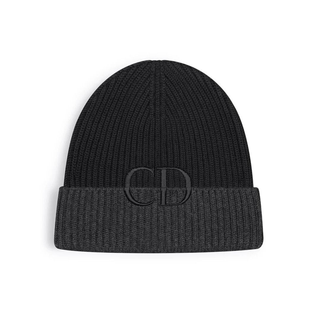 DIOR $460 CD Icon Black and Deep Gray Virgin Wool Beanie Hat