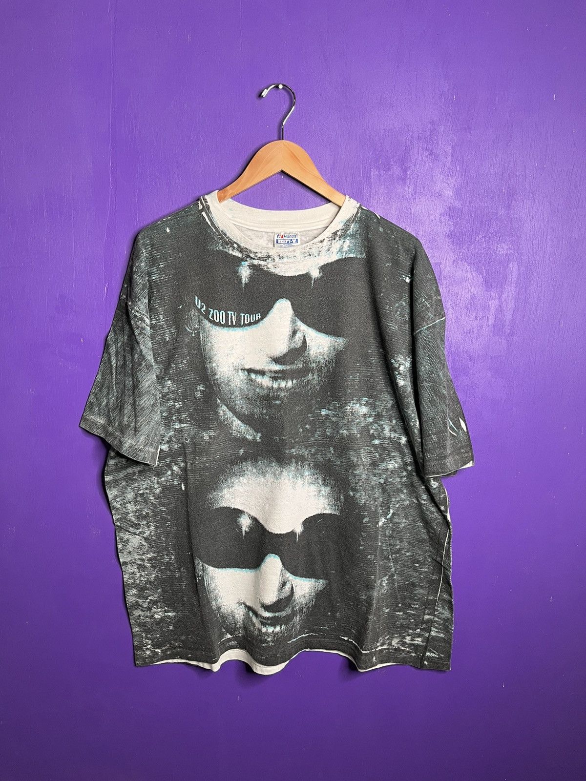 image of Band Tees x Tour Tee Vintage 90's U2 Zoo Tv Faces Aop Tour T-Shirt in Black/White, Men's (Size 2XL)