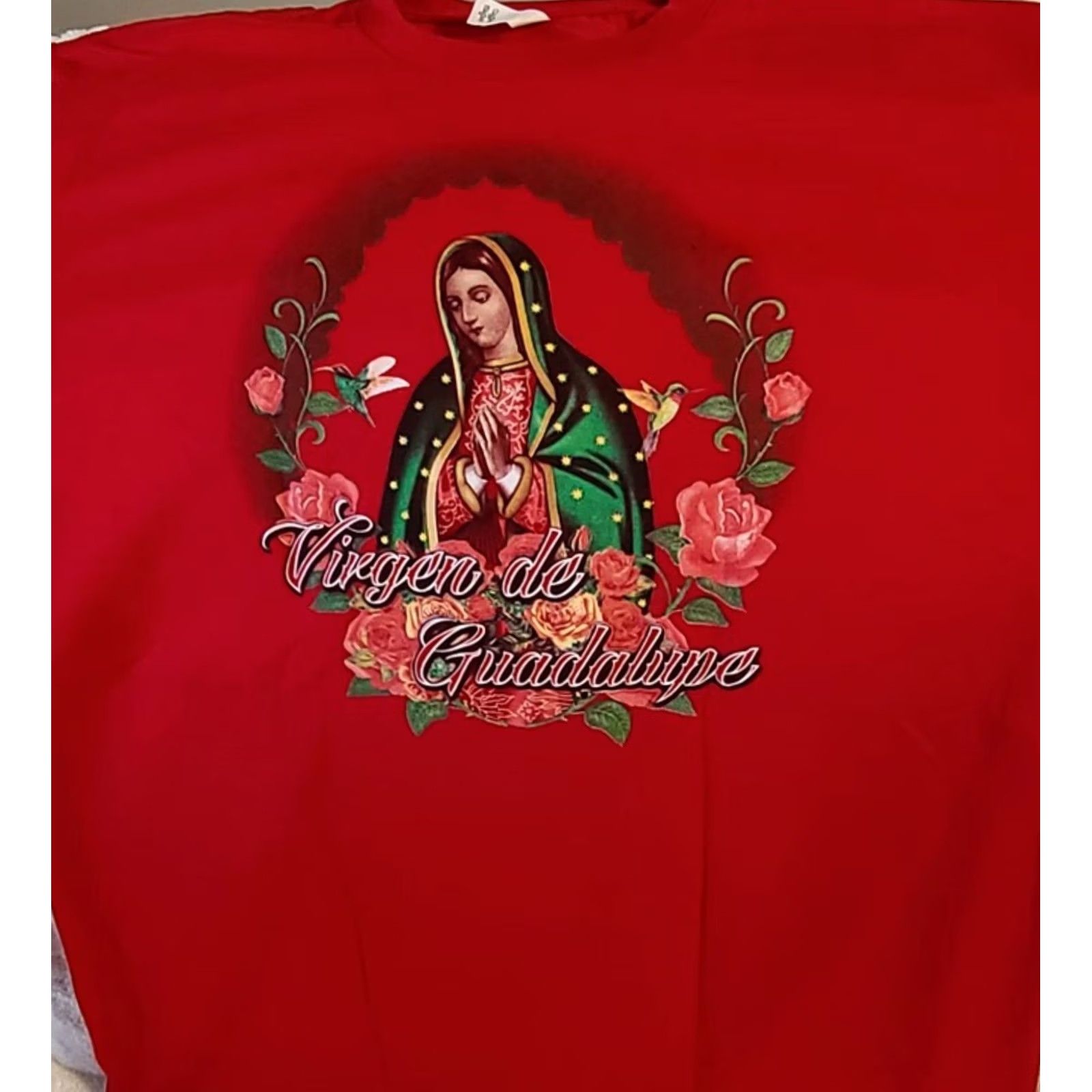 Vintage VINTAGE VIRGEN DE GUADALUPE VIRGIN MARY ROSE FLOWER STARS PRAY RED T-SHIRT Mens L Red 100% Cotton Graphic Tee Size US L / EU 52-54 / 3 - 4 Thumbnail