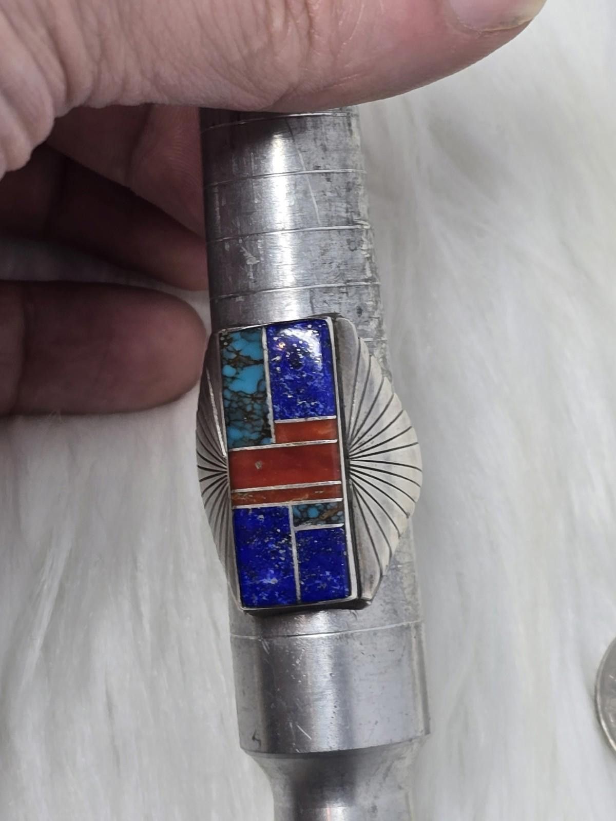 Other Navajo Sterling Inlay Ring ML Lapis Coral Turquoise Signed Size ONE SIZE - 9 Thumbnail