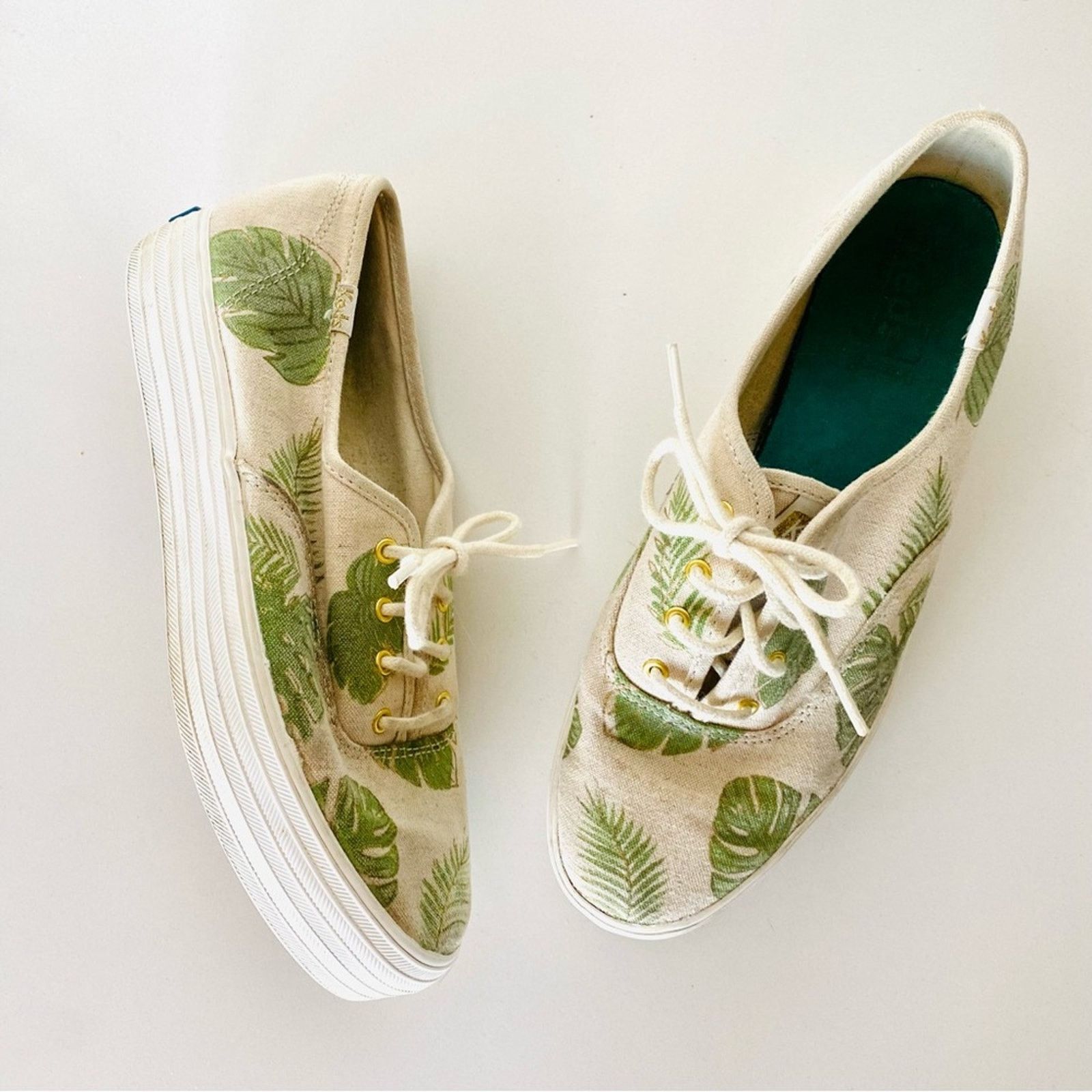 ANTHROPOLOGIE KEDS Cream Green Palm Leaf Platform Sneakers