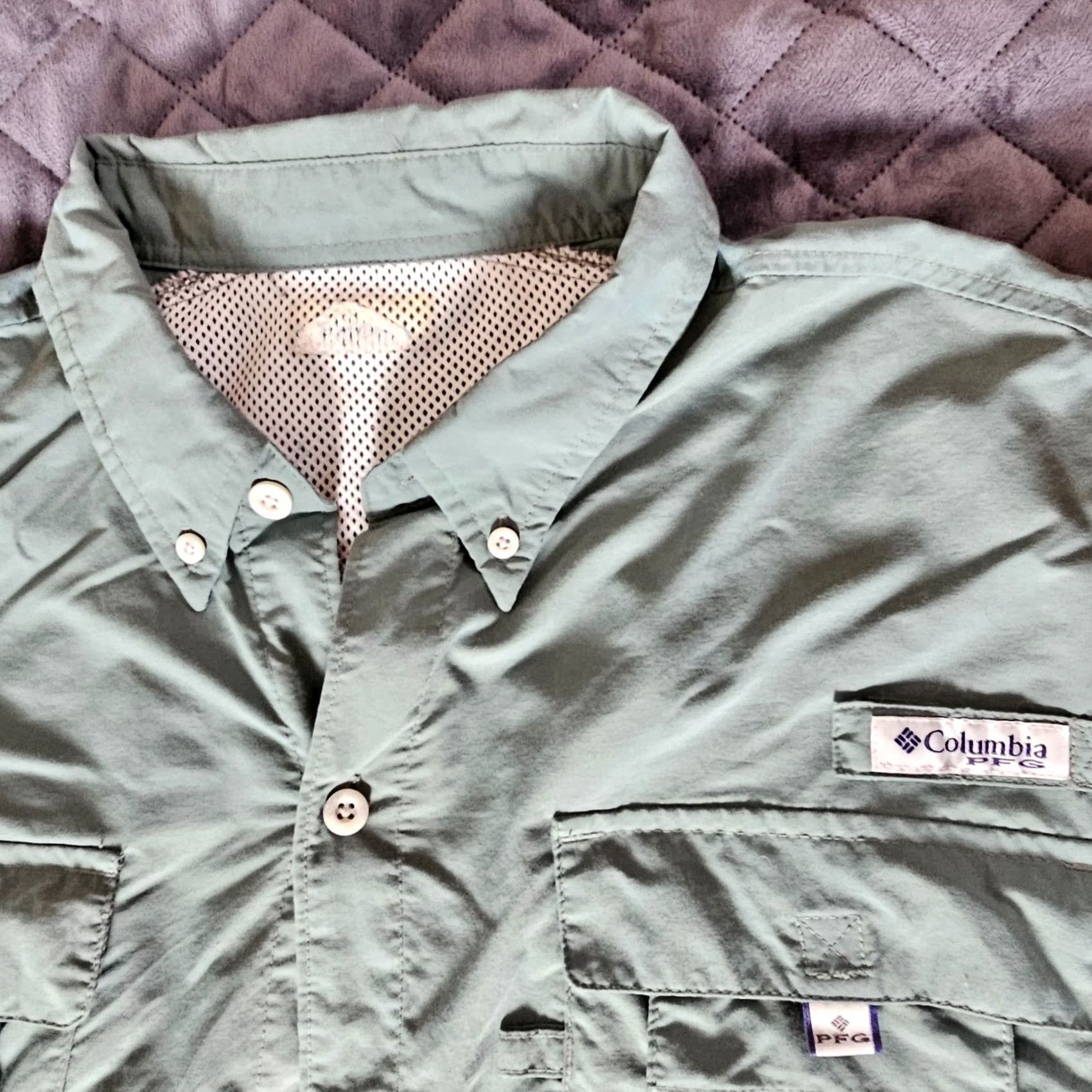 Vintage Columbia Shirt Men Large Green PFG Relaxed Fit Button-Up Long Sleeve UPF All Seasons Pockets Nylon Omni Shade Fish Pattern Logo Size US L / EU 52-54 / 3 - 2 Thumbnail