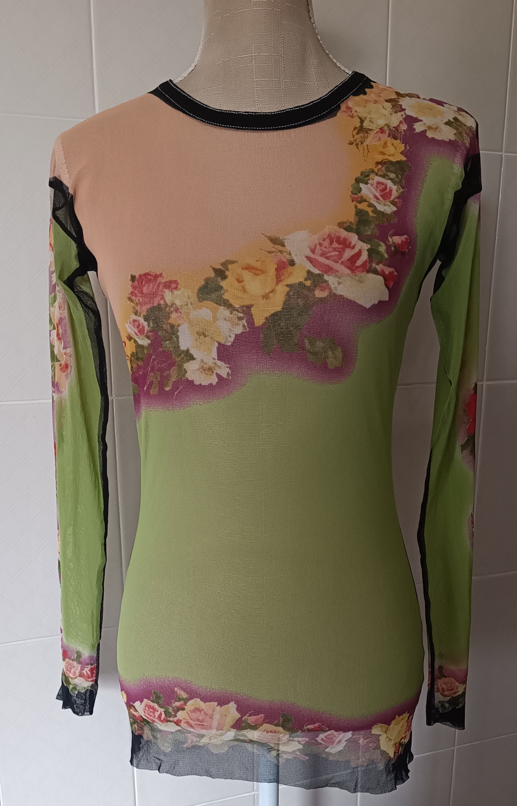 Jean Paul Gaultier SS2001_ flower print nylon mesh top Size L / US 10 / IT 46 - 1 Thumbnail
