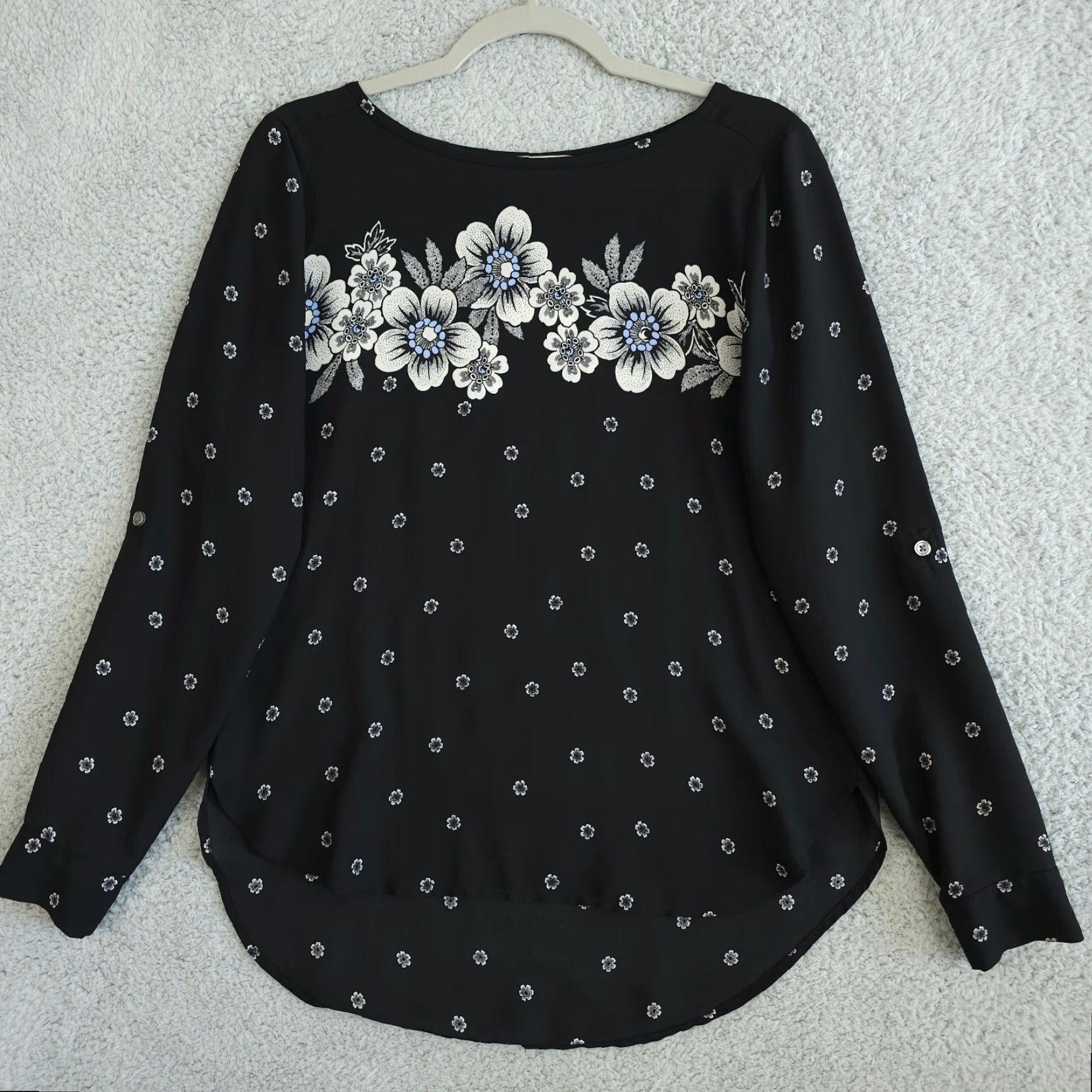 Loft LOFT Ann Taylor Blouse Shirt Floral Boatneck Long Sleeve S Black Blue Hi Lo Womens Size S / US 4 / IT 40 - 2 Thumbnail
